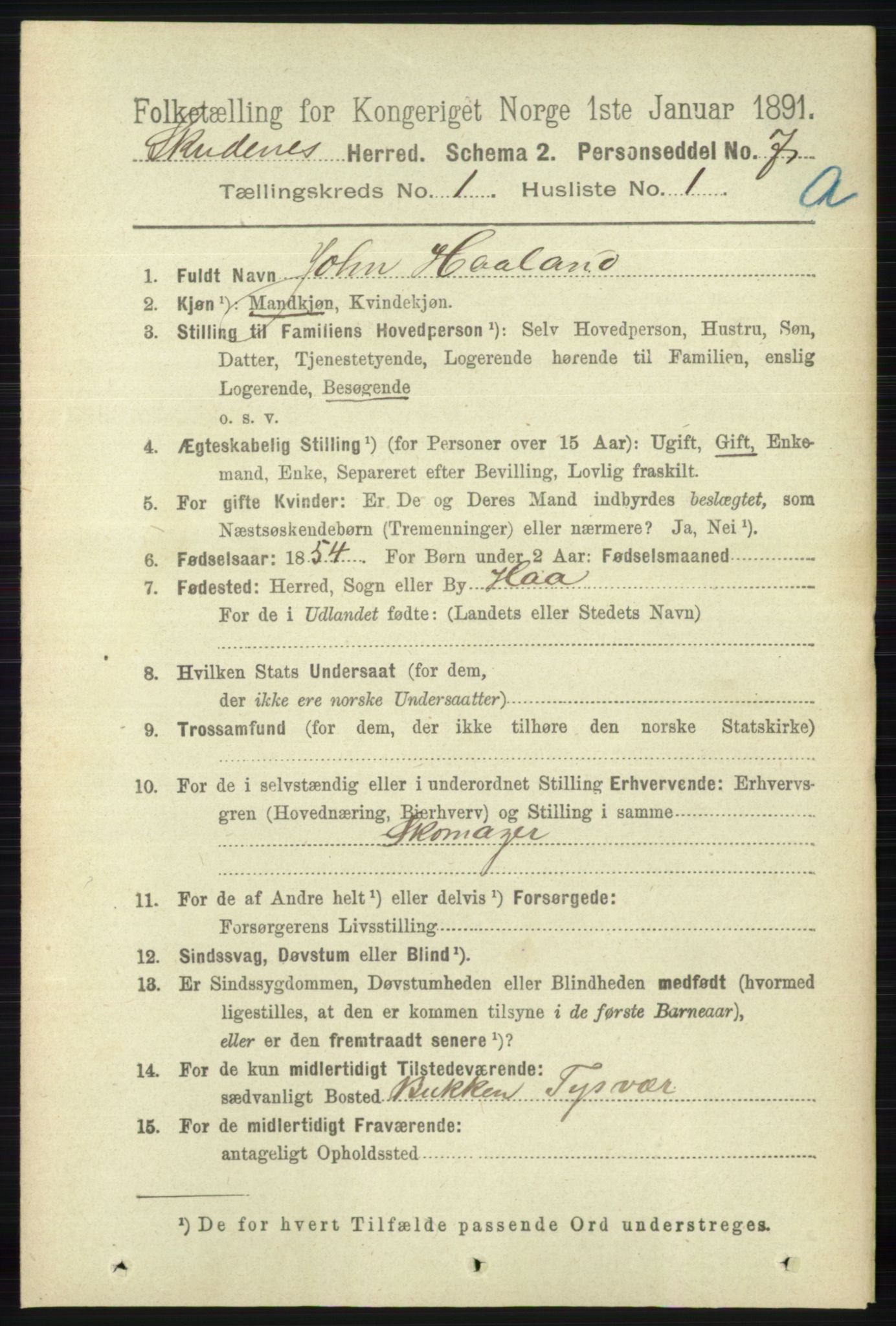 RA, 1891 census for 1150 Skudenes, 1891, p. 115