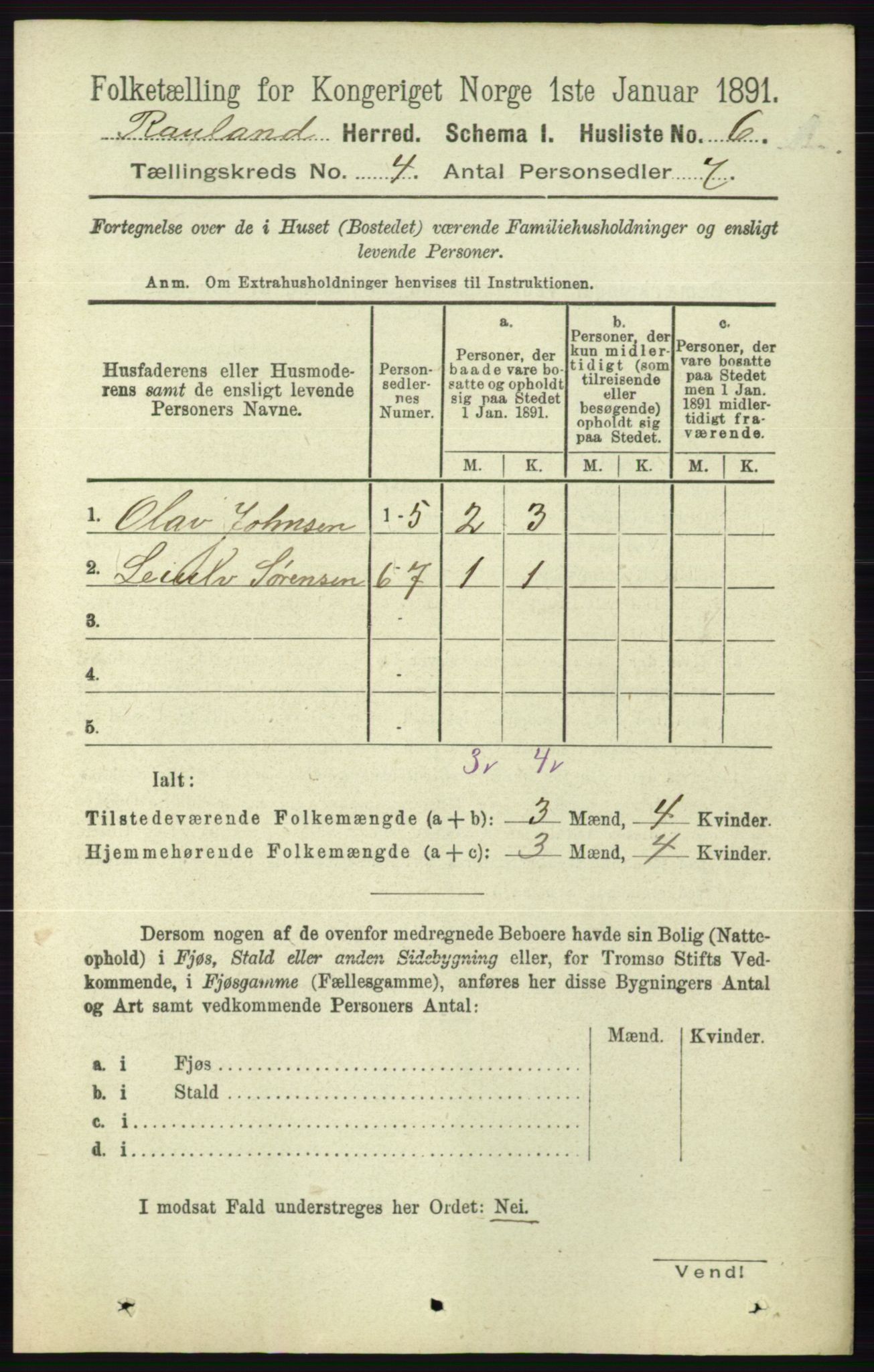 RA, 1891 census for 0835 Rauland, 1891, p. 992