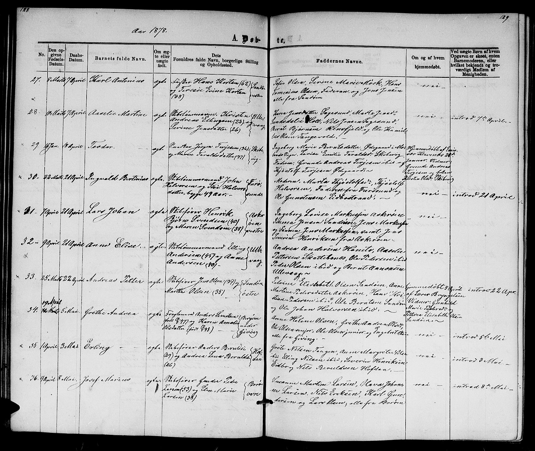 Dypvåg sokneprestkontor, AV/SAK-1111-0007/F/Fb/Fba/L0012: Parish register (copy) no. B 12, 1872-1886, p. 128-129