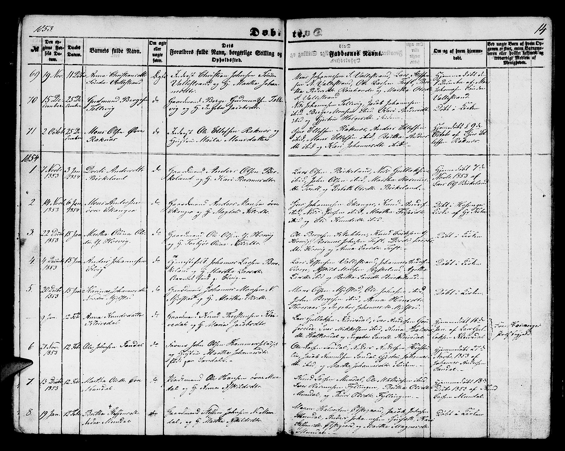 Hamre sokneprestembete, SAB/A-75501/H/Ha/Hab: Parish register (copy) no. B 1, 1852-1863, p. 14