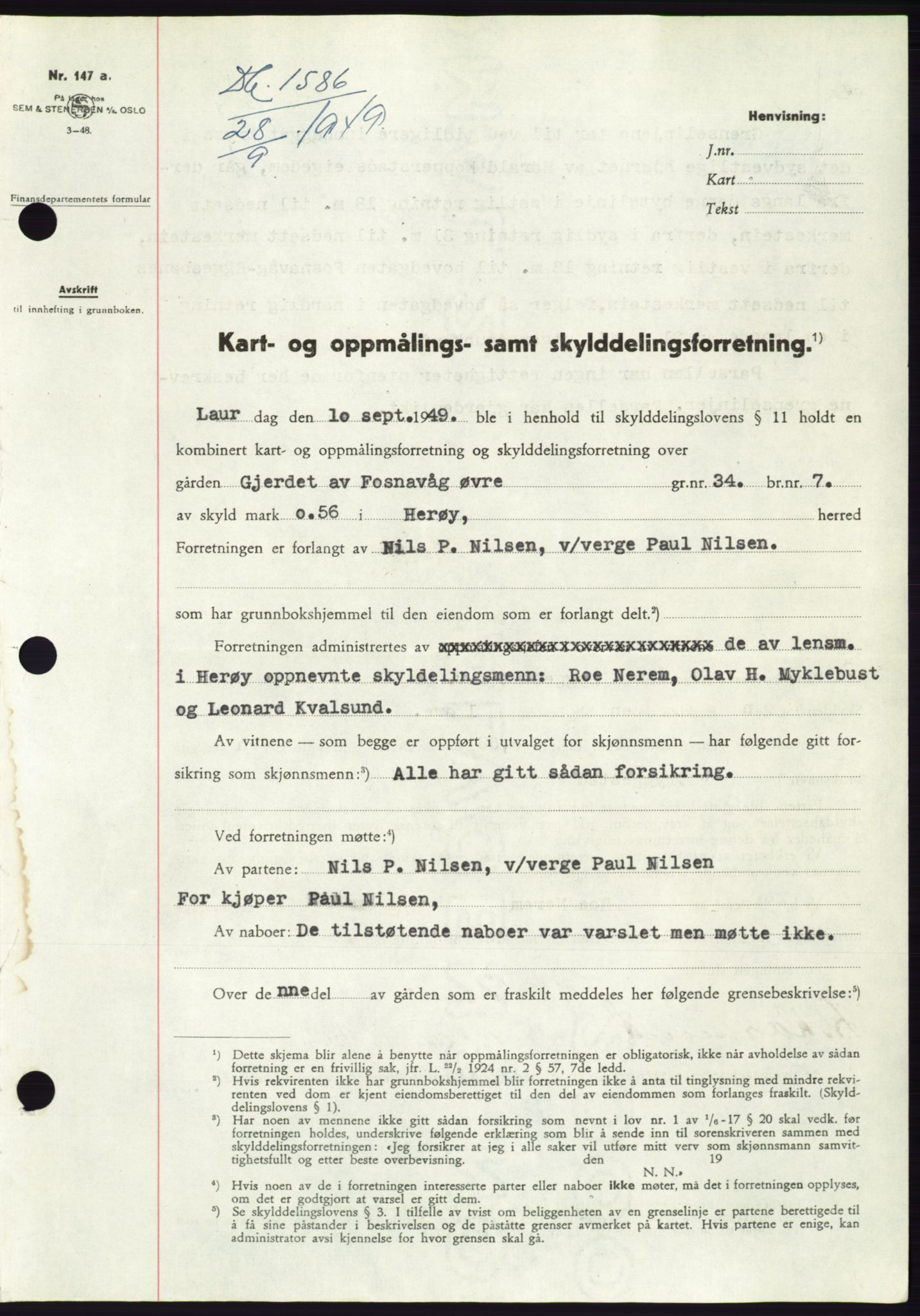 Søre Sunnmøre sorenskriveri, AV/SAT-A-4122/1/2/2C/L0085: Mortgage book no. 11A, 1949-1949, Diary no: : 1586/1949