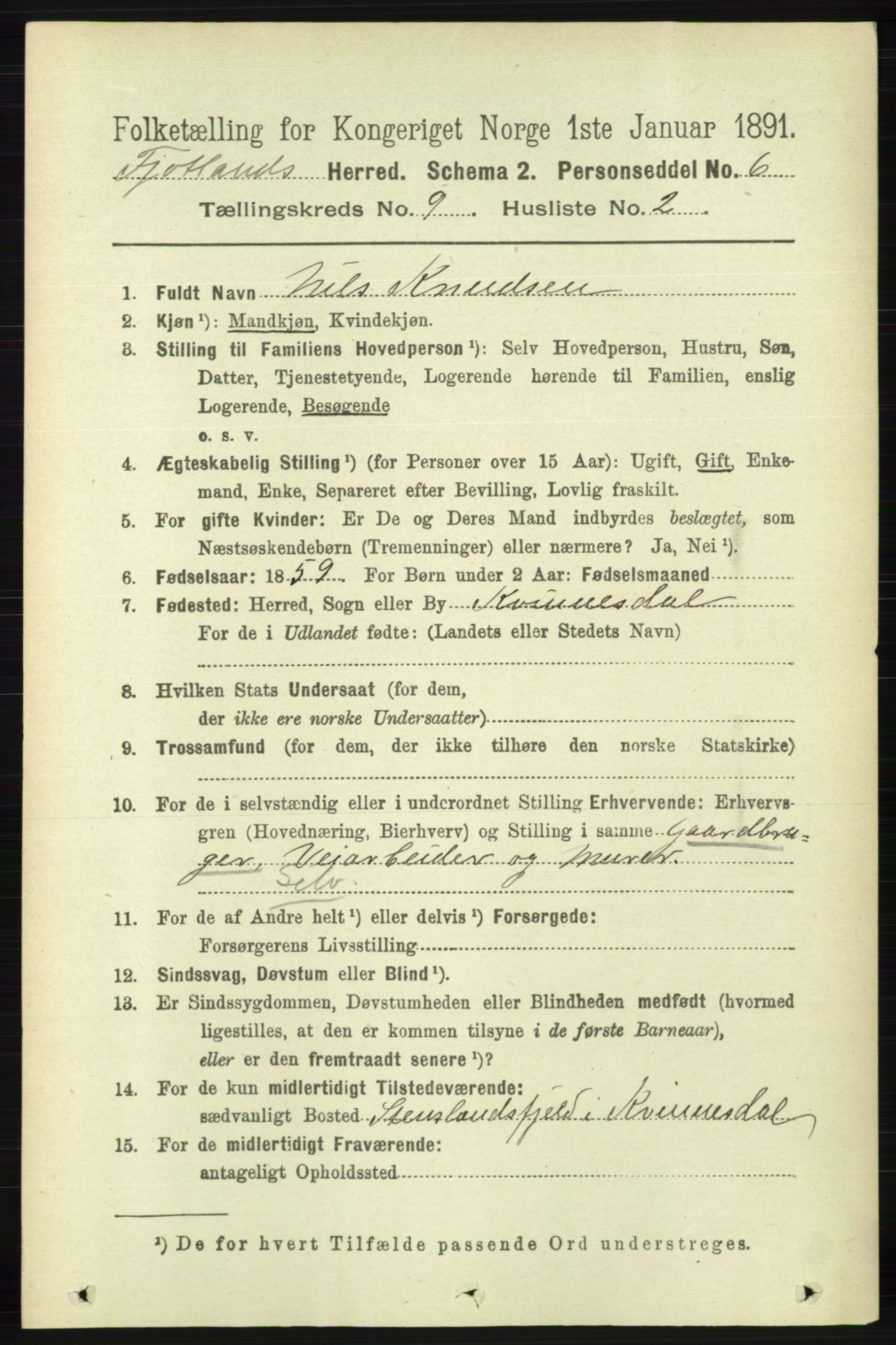 RA, 1891 census for 1036 Fjotland, 1891, p. 1313