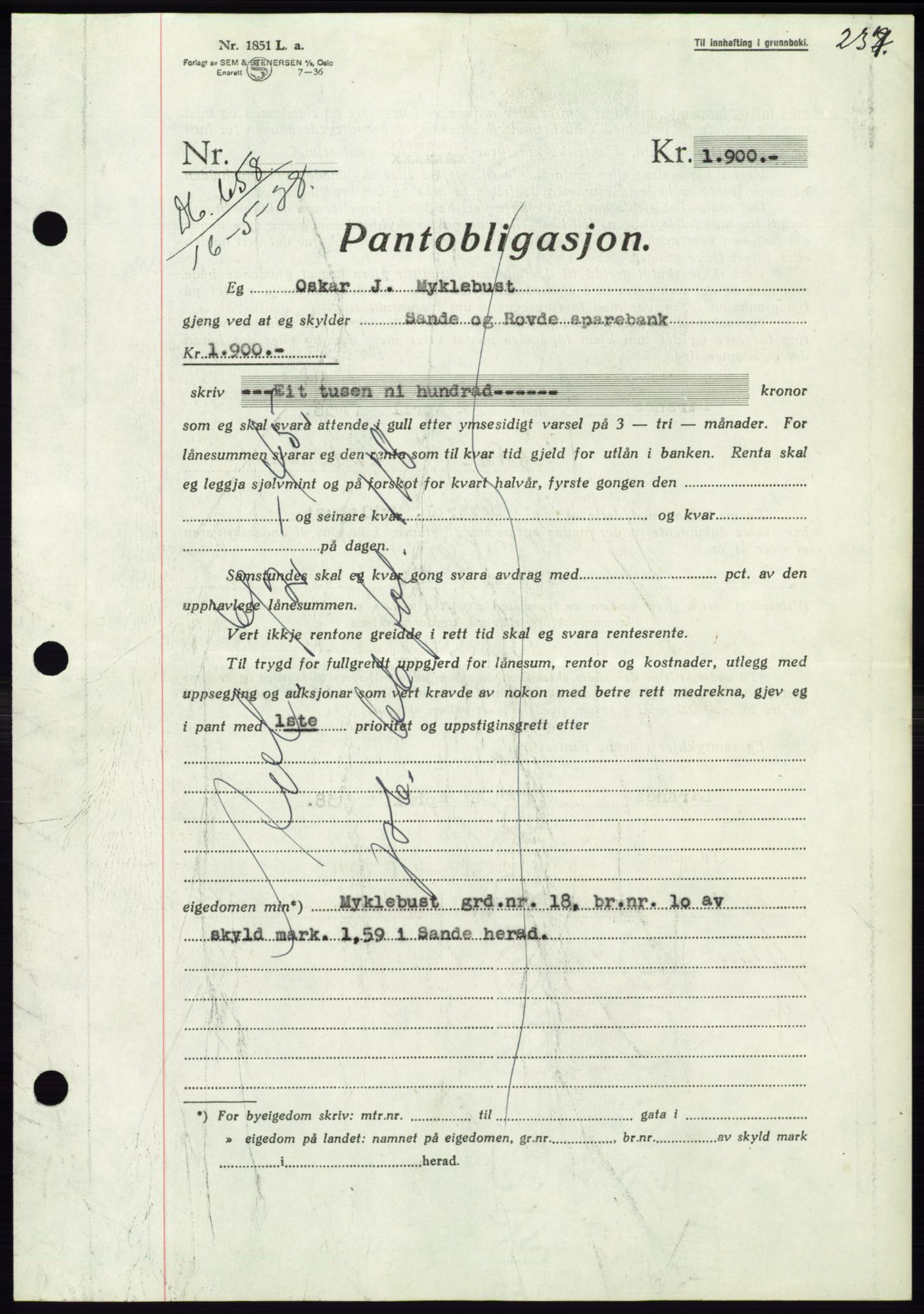 Søre Sunnmøre sorenskriveri, AV/SAT-A-4122/1/2/2C/L0065: Mortgage book no. 59, 1938-1938, Diary no: : 658/1938