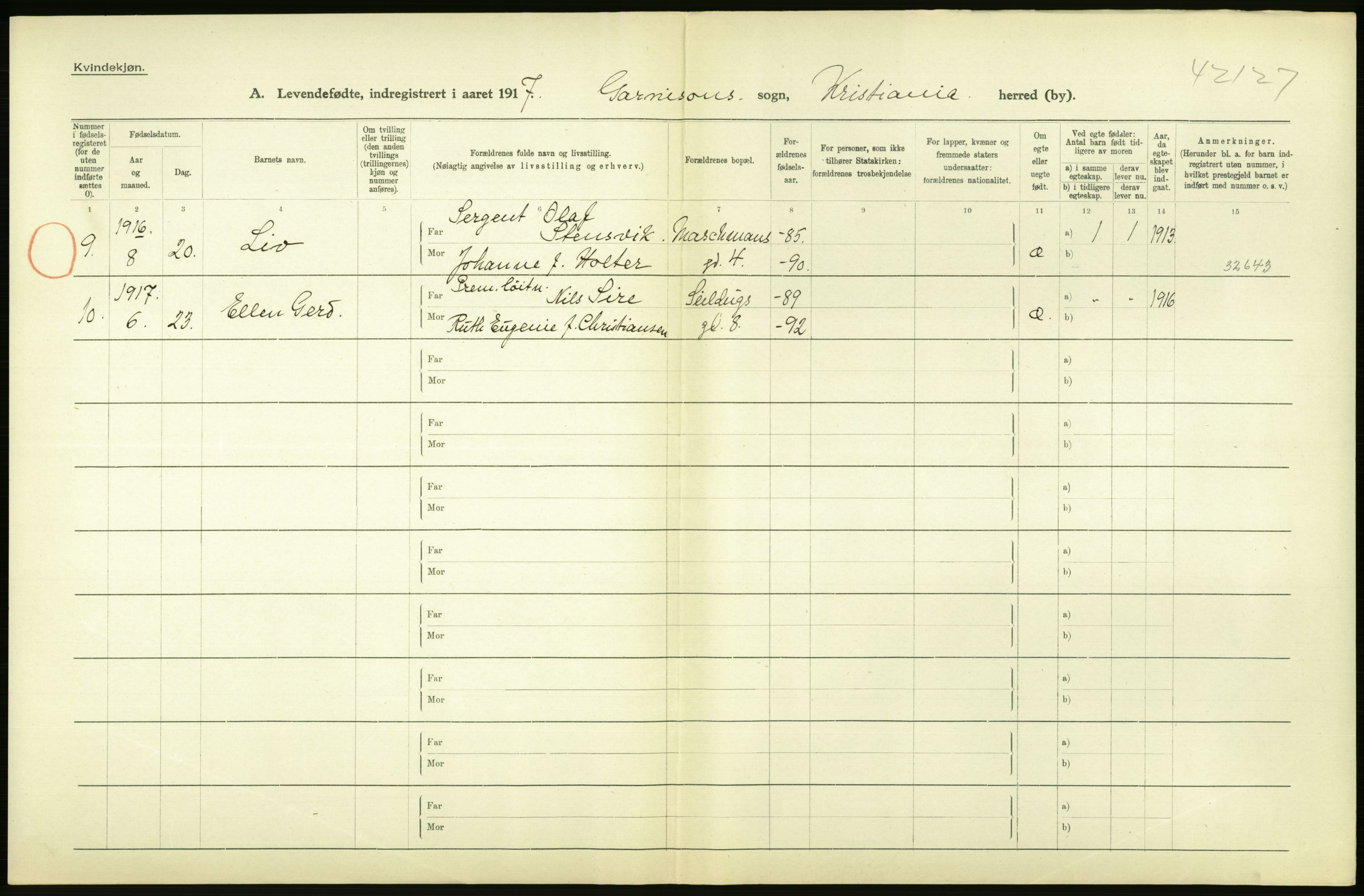 Statistisk sentralbyrå, Sosiodemografiske emner, Befolkning, AV/RA-S-2228/D/Df/Dfb/Dfbg/L0007: Kristiania: Levendefødte menn og kvinner., 1917, p. 74