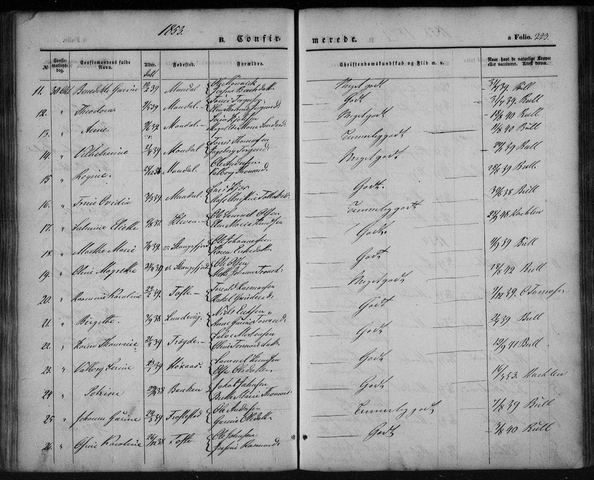 Mandal sokneprestkontor, SAK/1111-0030/F/Fa/Faa/L0013: Parish register (official) no. A 13, 1847-1859, p. 223