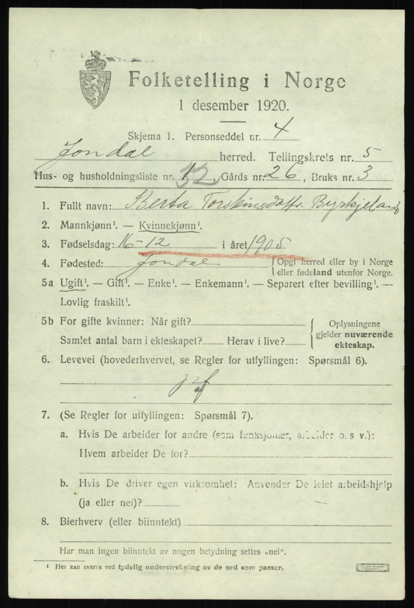 SAB, 1920 census for Jondal, 1920, p. 2848