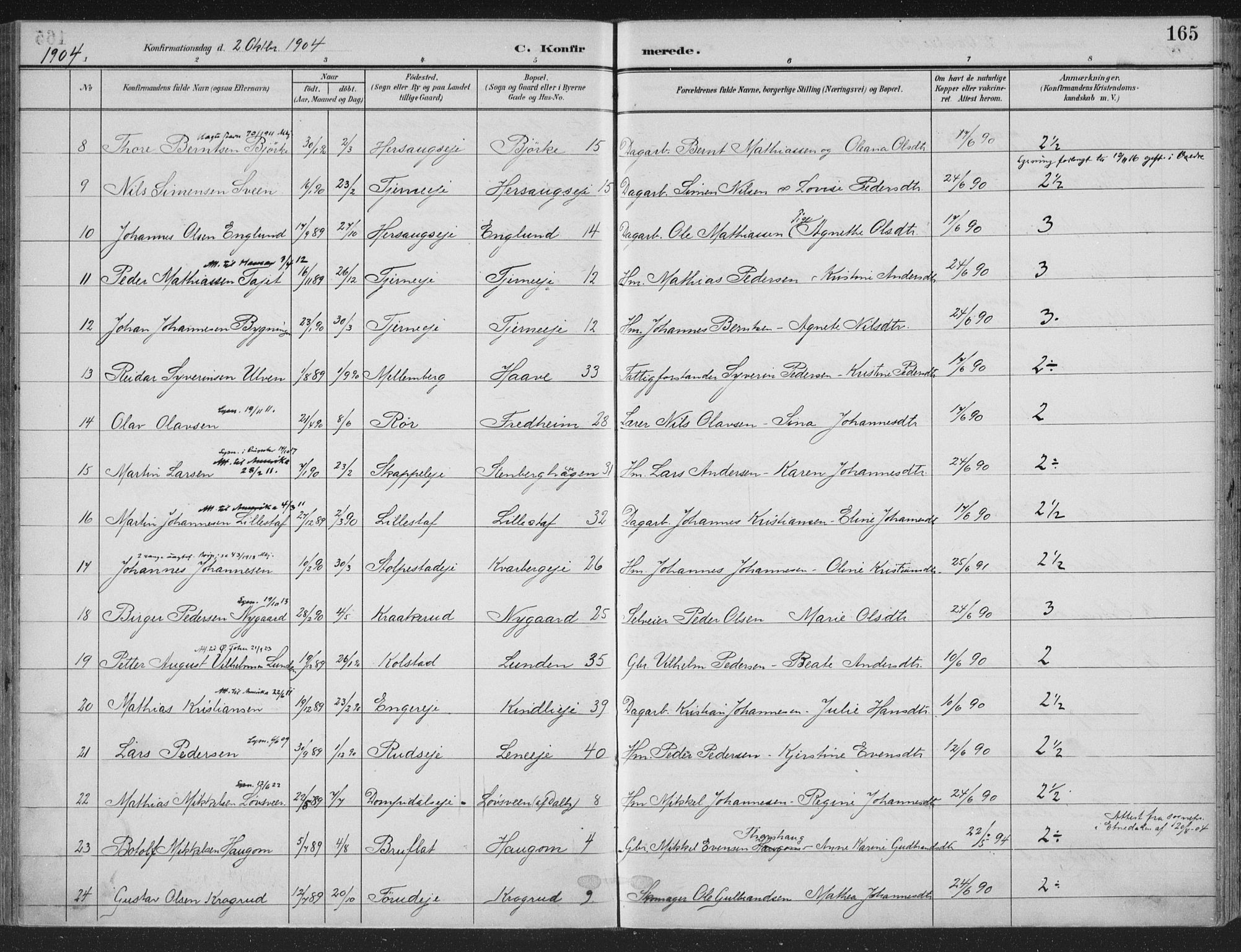 Ringsaker prestekontor, AV/SAH-PREST-014/K/Ka/L0018: Parish register (official) no. 18, 1903-1912, p. 165