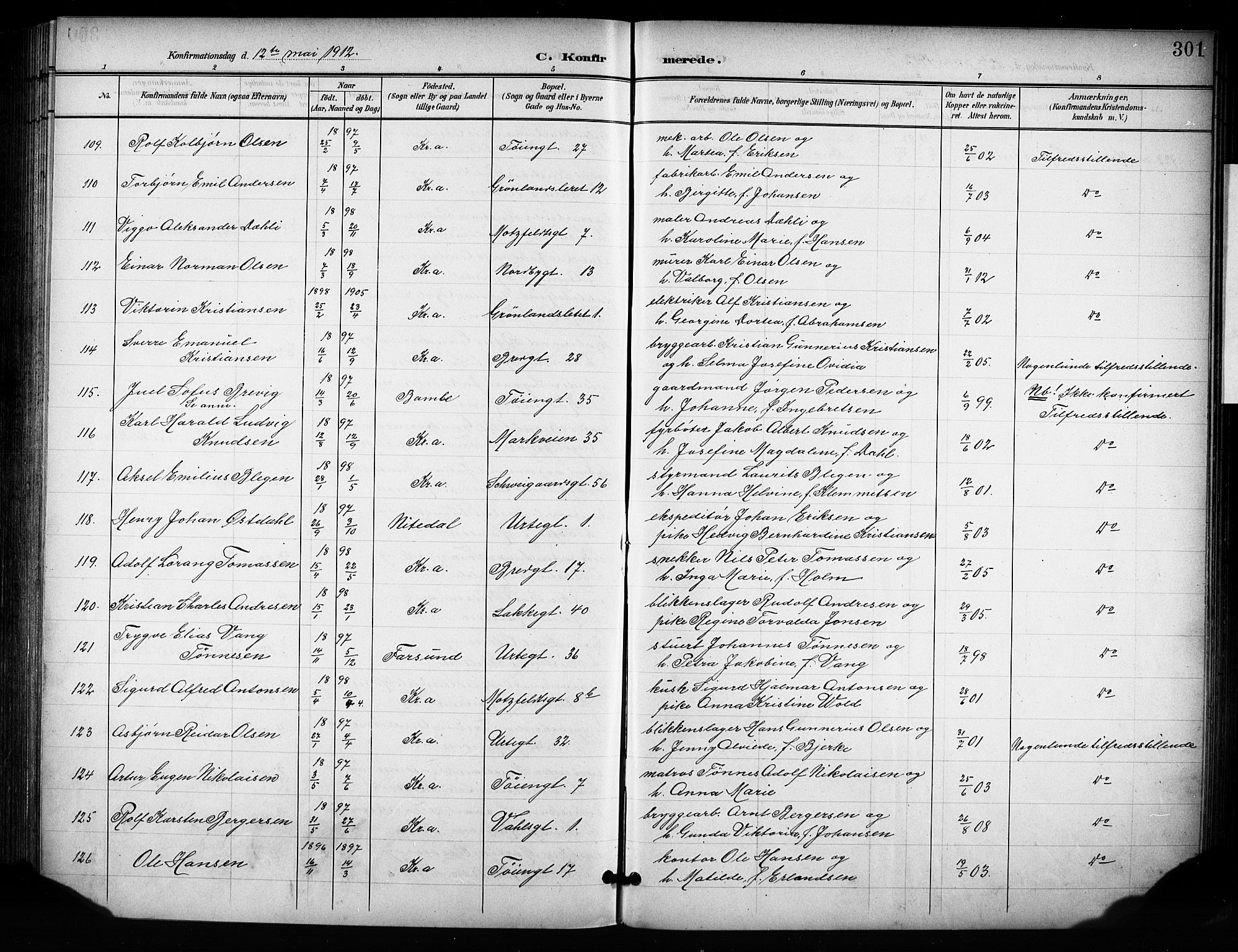 Grønland prestekontor Kirkebøker, SAO/A-10848/F/Fa/L0015: Parish register (official) no. 15, 1899-1919, p. 301
