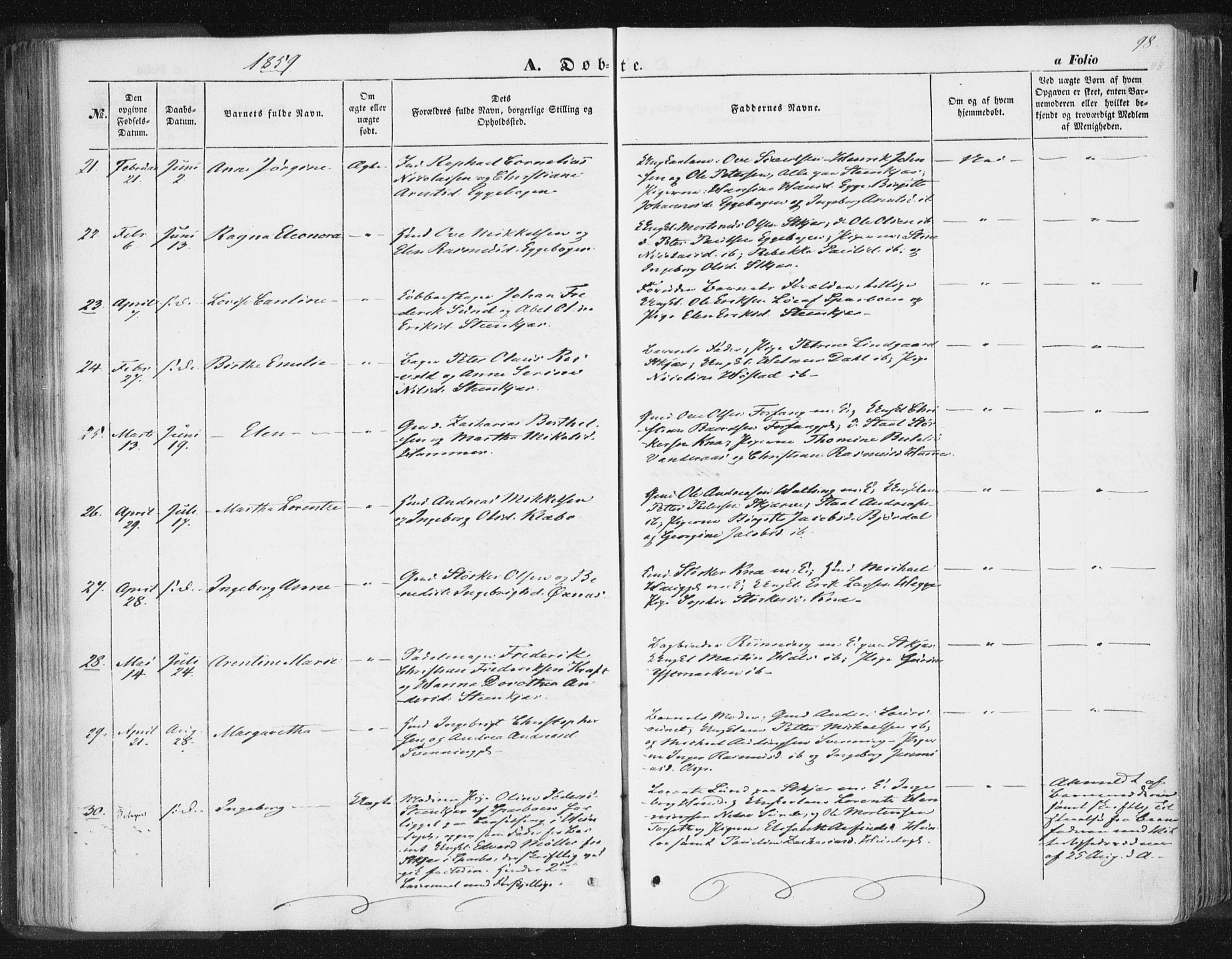 Ministerialprotokoller, klokkerbøker og fødselsregistre - Nord-Trøndelag, SAT/A-1458/746/L0446: Parish register (official) no. 746A05, 1846-1859, p. 98