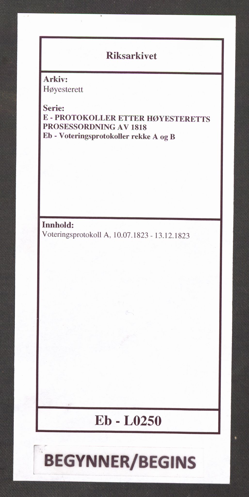 Høyesterett, RA/S-1002/E/Eb/Ebb/L0009/0002: Voteringsprotokoller / Voteringsprotokoll, 1823