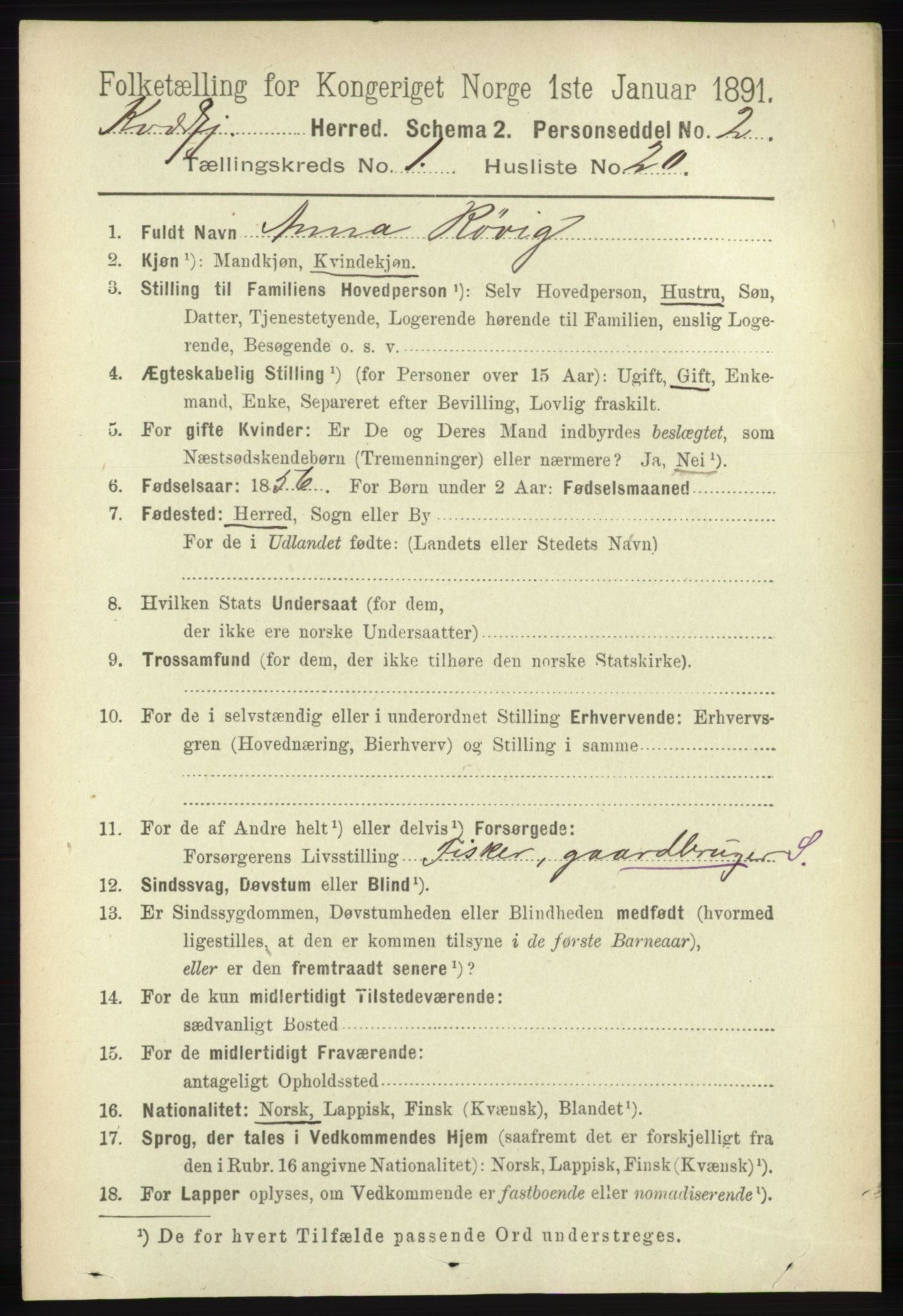 RA, 1891 census for 1911 Kvæfjord, 1891, p. 224