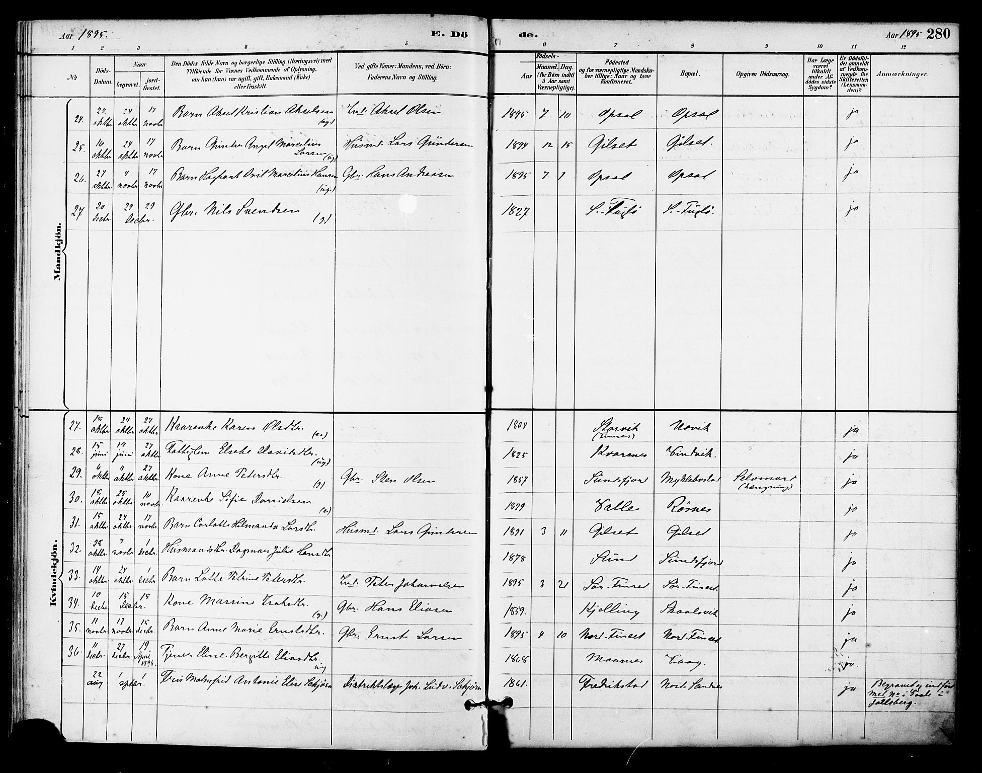 Ministerialprotokoller, klokkerbøker og fødselsregistre - Nordland, AV/SAT-A-1459/805/L0101: Parish register (official) no. 805A07, 1892-1899, p. 280