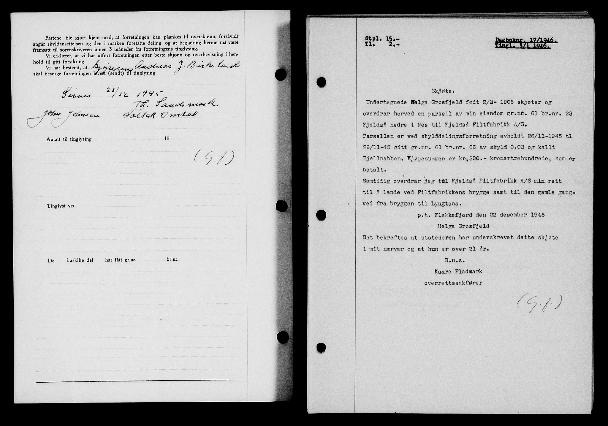 Flekkefjord sorenskriveri, SAK/1221-0001/G/Gb/Gba/L0060: Mortgage book no. A-8, 1945-1946, Diary no: : 17/1946