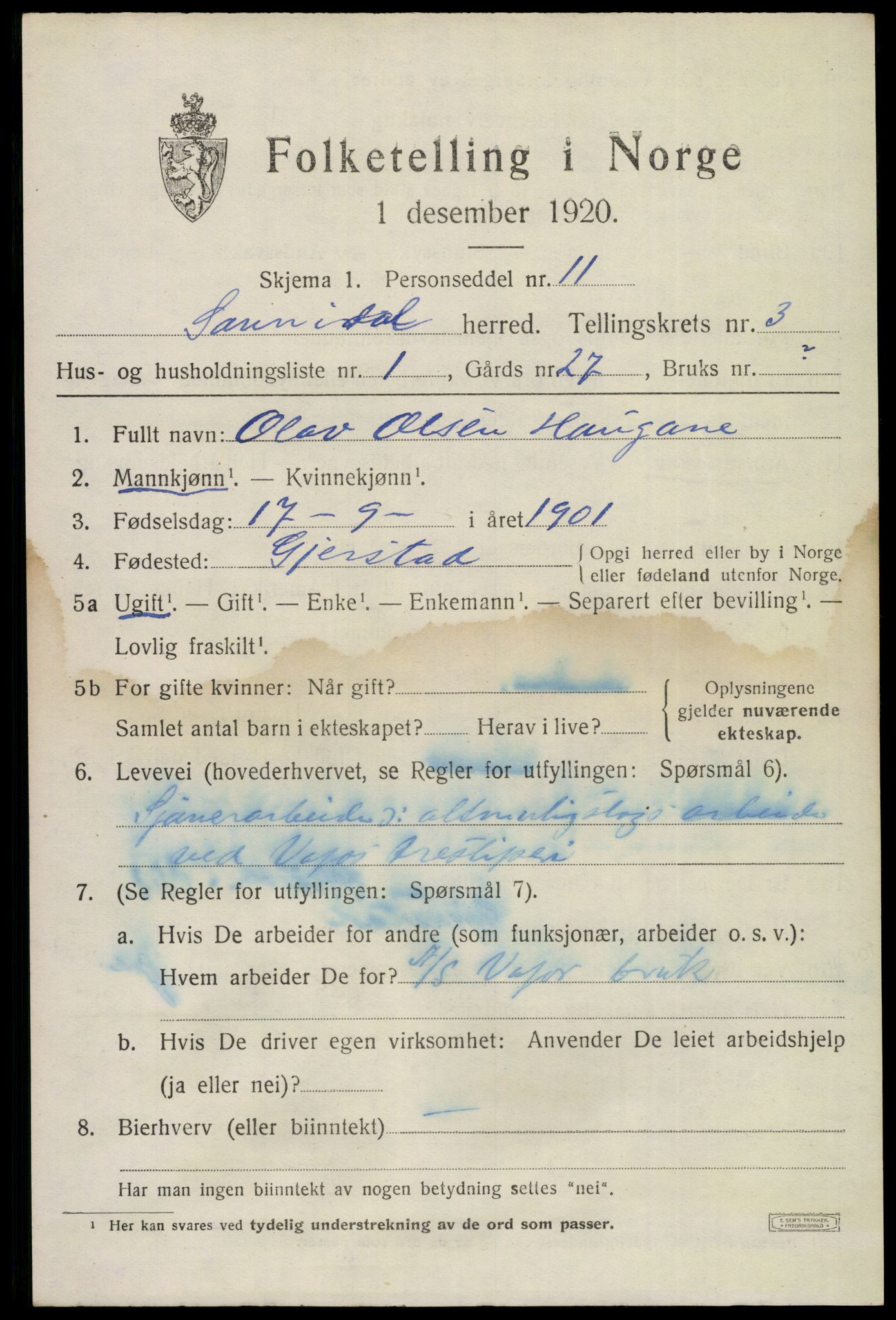 SAKO, 1920 census for Sannidal, 1920, p. 2189