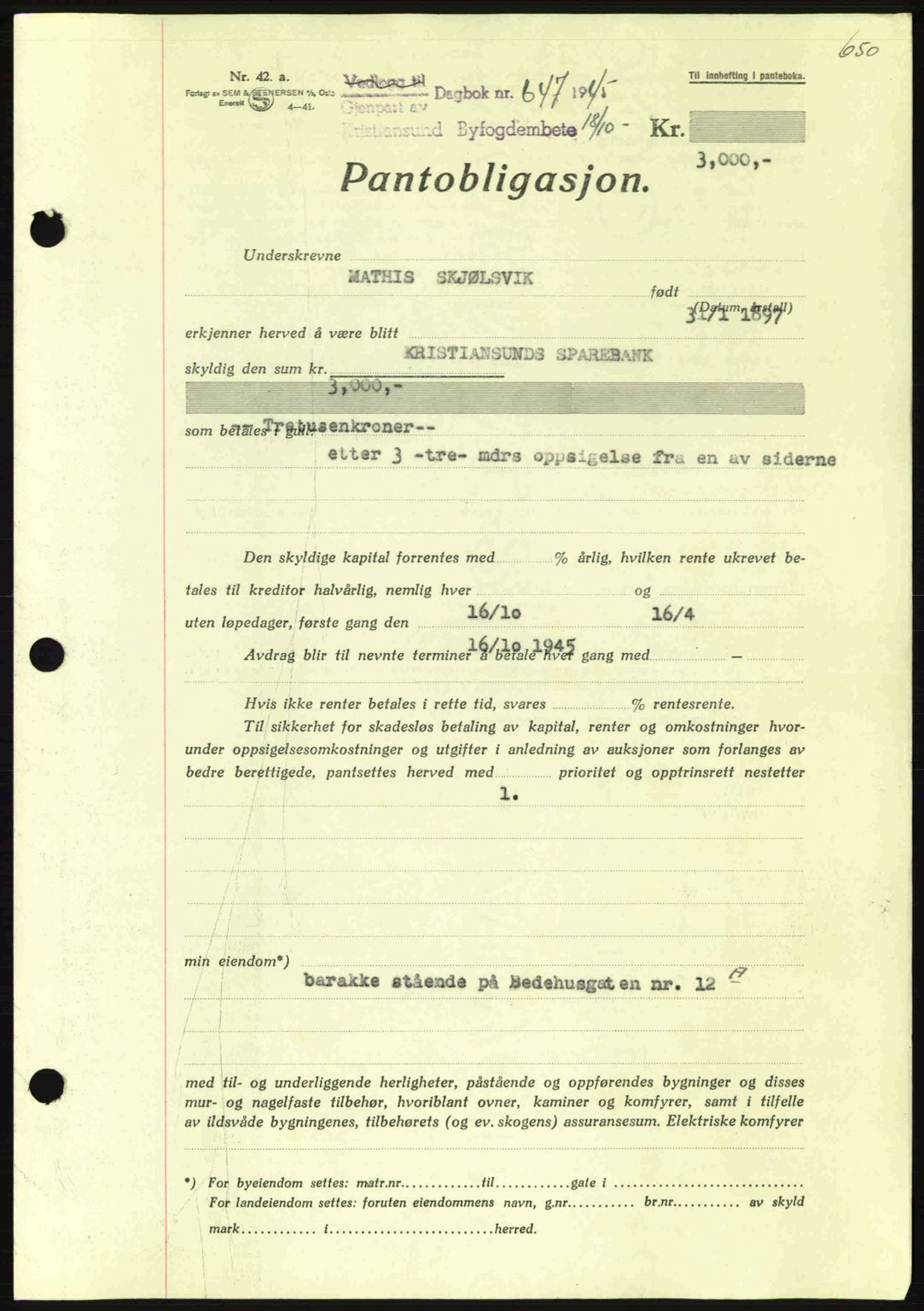 Kristiansund byfogd, SAT/A-4587/A/27: Mortgage book no. 37-38, 1943-1945, Diary no: : 647/1945