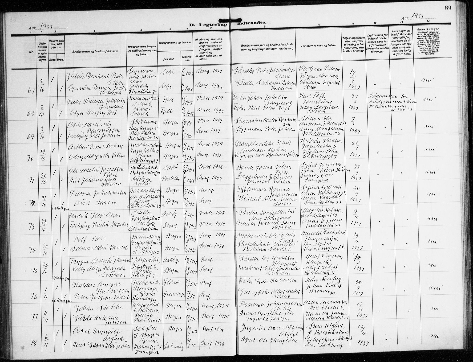 Korskirken sokneprestembete, AV/SAB-A-76101/H/Hab: Parish register (copy) no. D 5, 1926-1944, p. 89