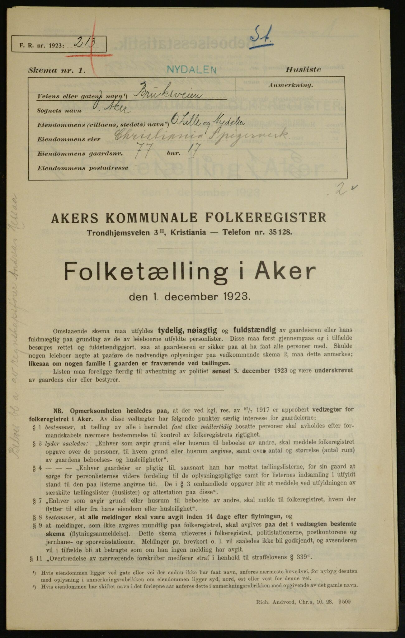 , Municipal Census 1923 for Aker, 1923, p. 8687