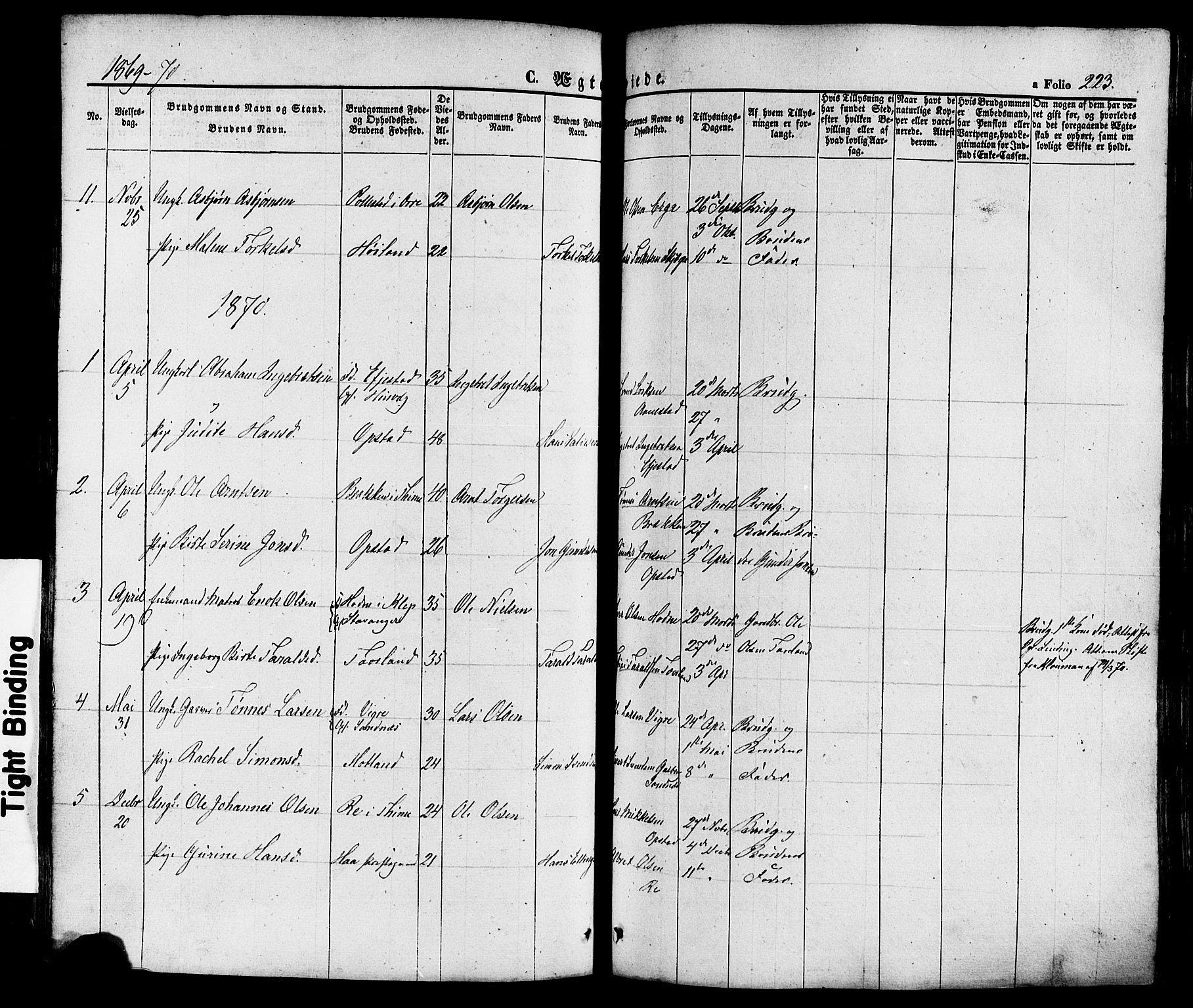 Hå sokneprestkontor, AV/SAST-A-101801/001/30BA/L0008: Parish register (official) no. A 7, 1853-1878, p. 223