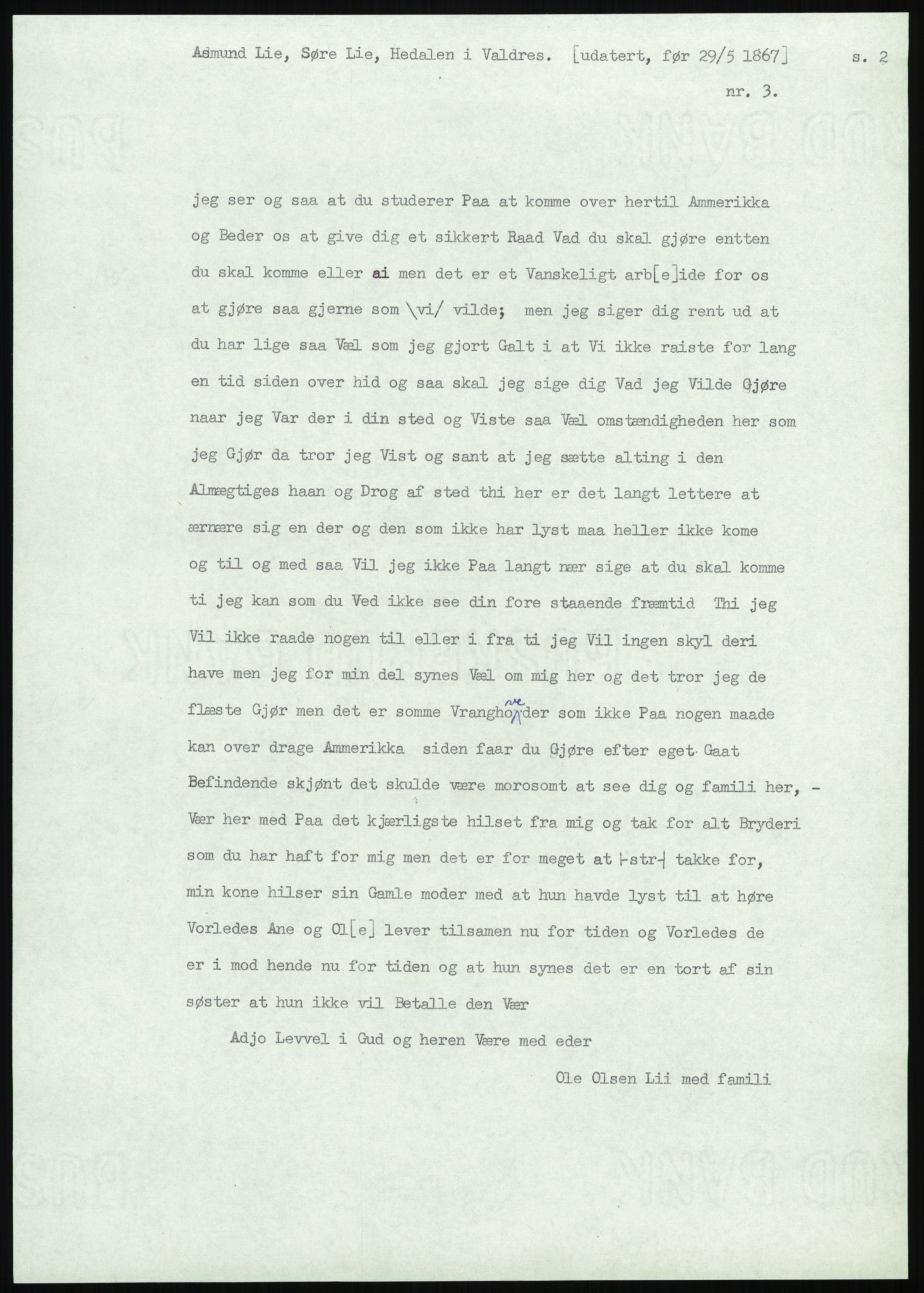 Samlinger til kildeutgivelse, Amerikabrevene, AV/RA-EA-4057/F/L0012: Innlån fra Oppland: Lie (brevnr 1-78), 1838-1914, p. 43