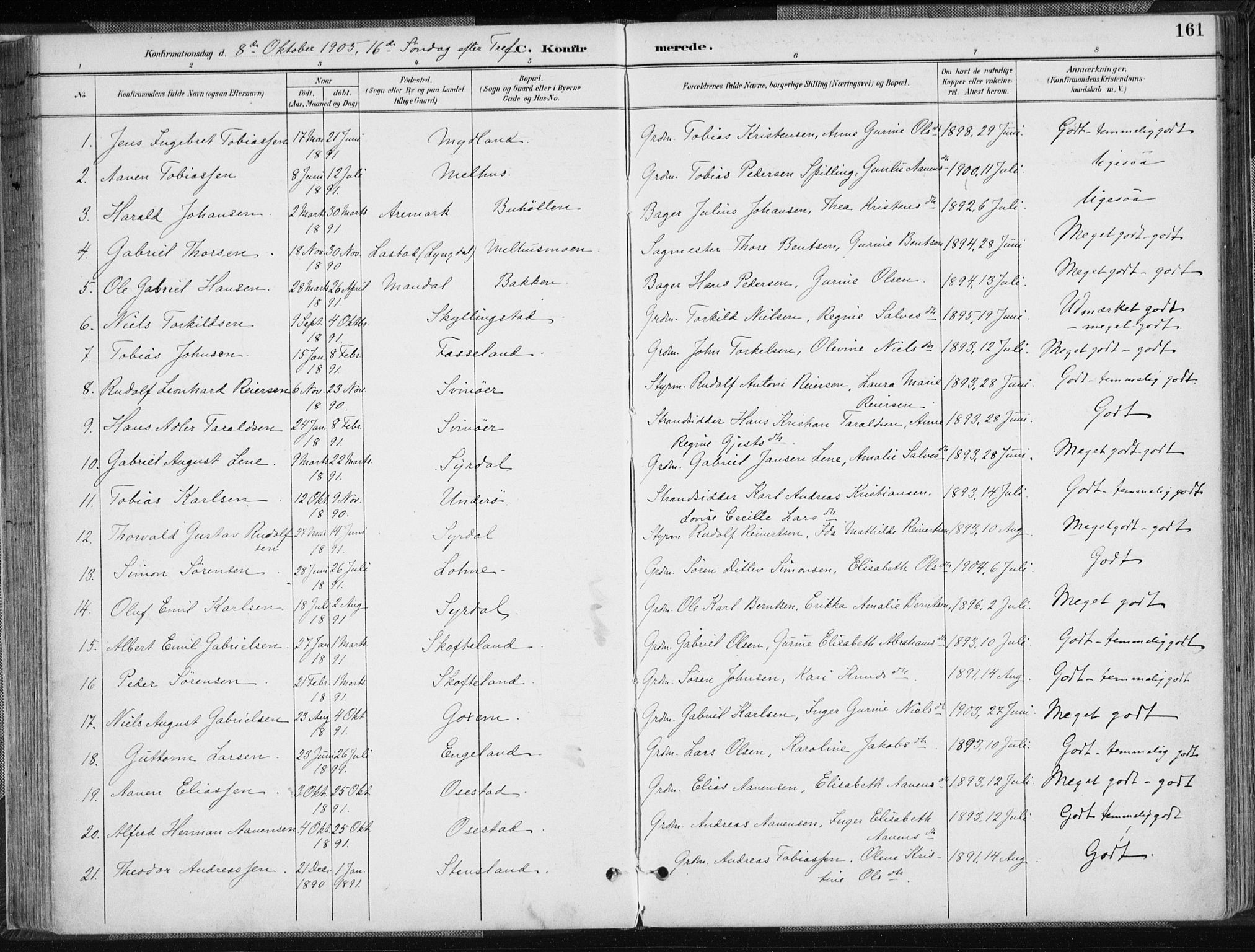 Sør-Audnedal sokneprestkontor, AV/SAK-1111-0039/F/Fa/Fab/L0010: Parish register (official) no. A 10, 1892-1913, p. 161