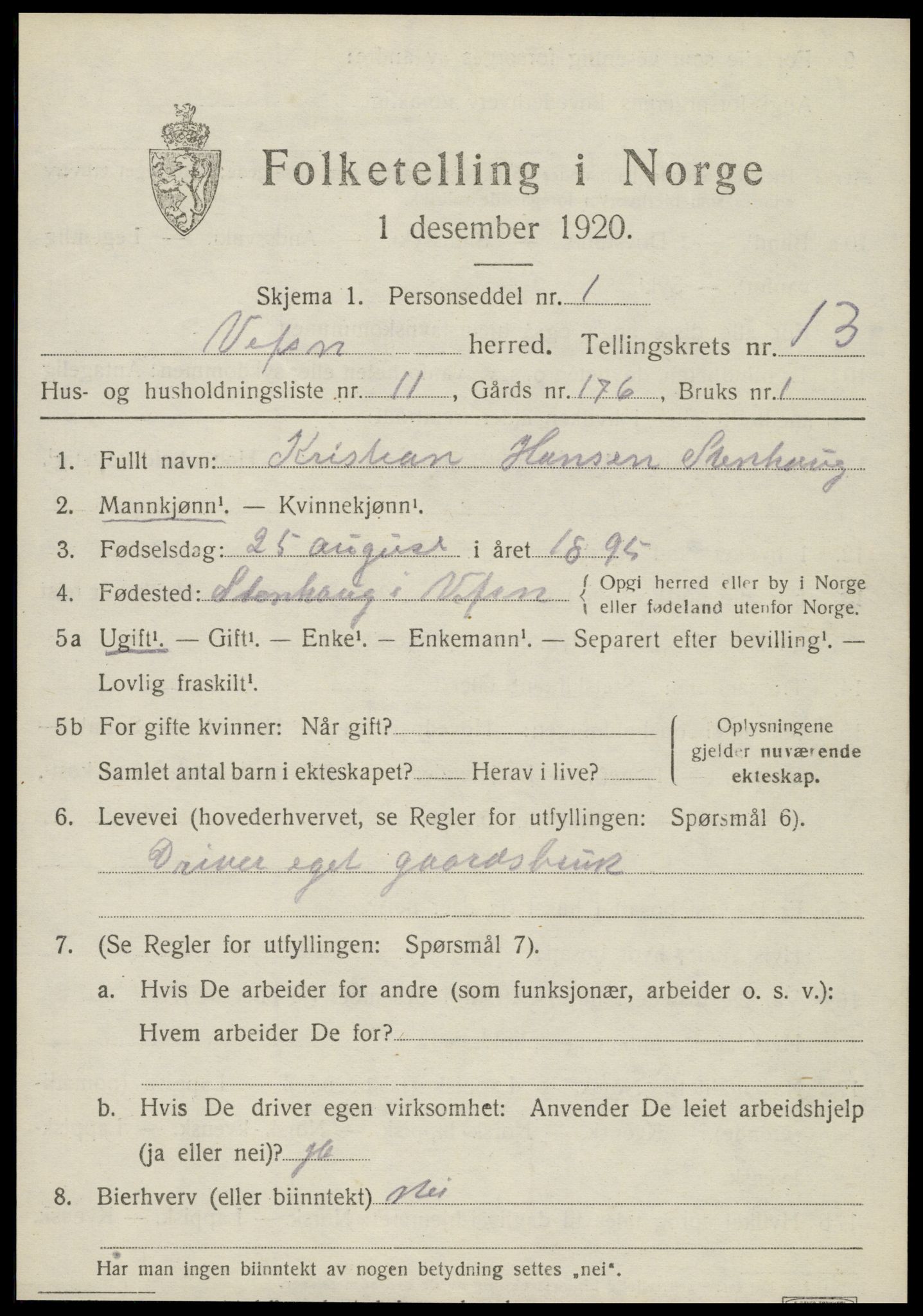 SAT, 1920 census for Vefsn, 1920, p. 10321