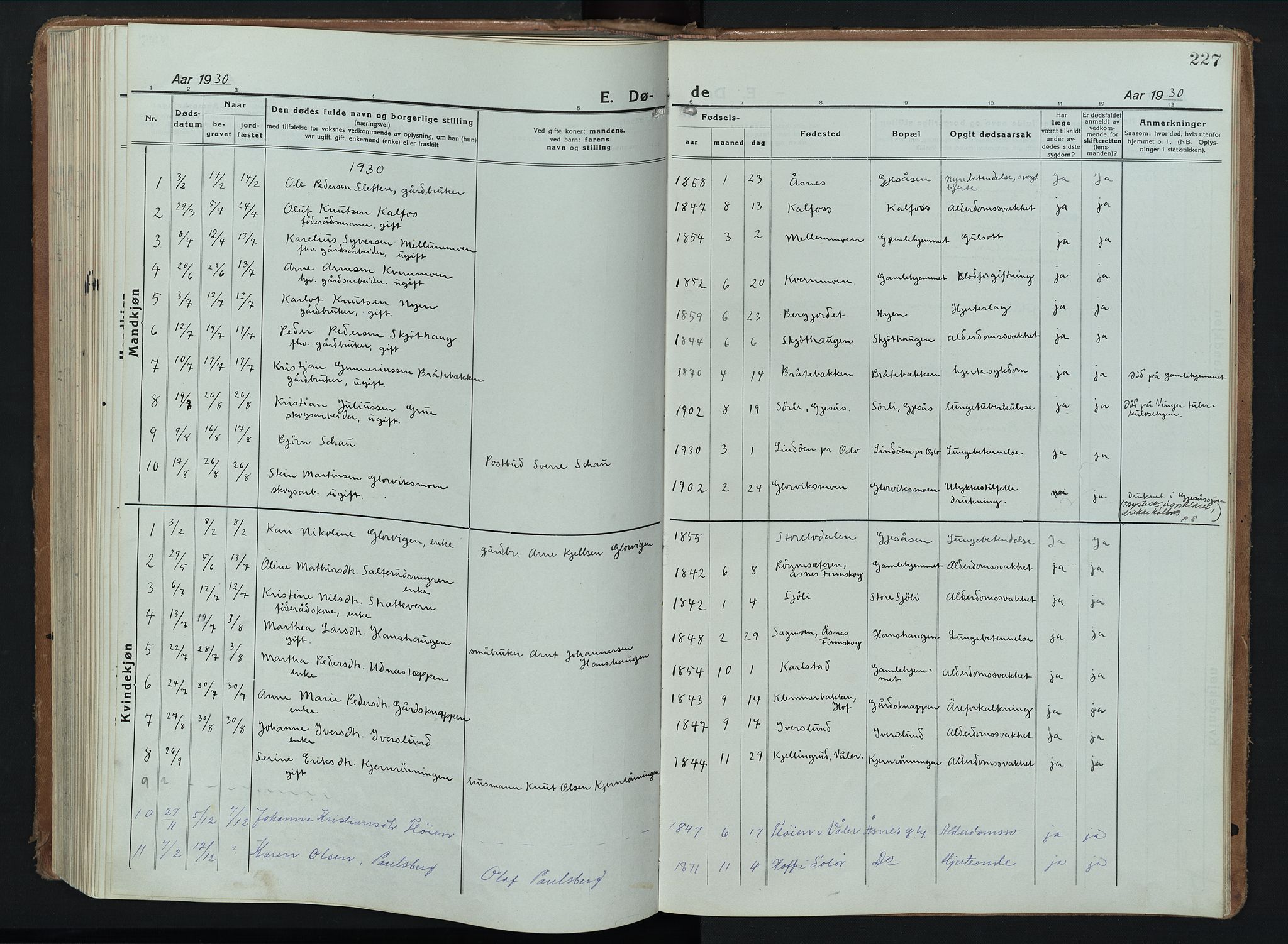 Åsnes prestekontor, AV/SAH-PREST-042/H/Ha/Hab/L0012: Parish register (copy) no. 12, 1921-1942, p. 227