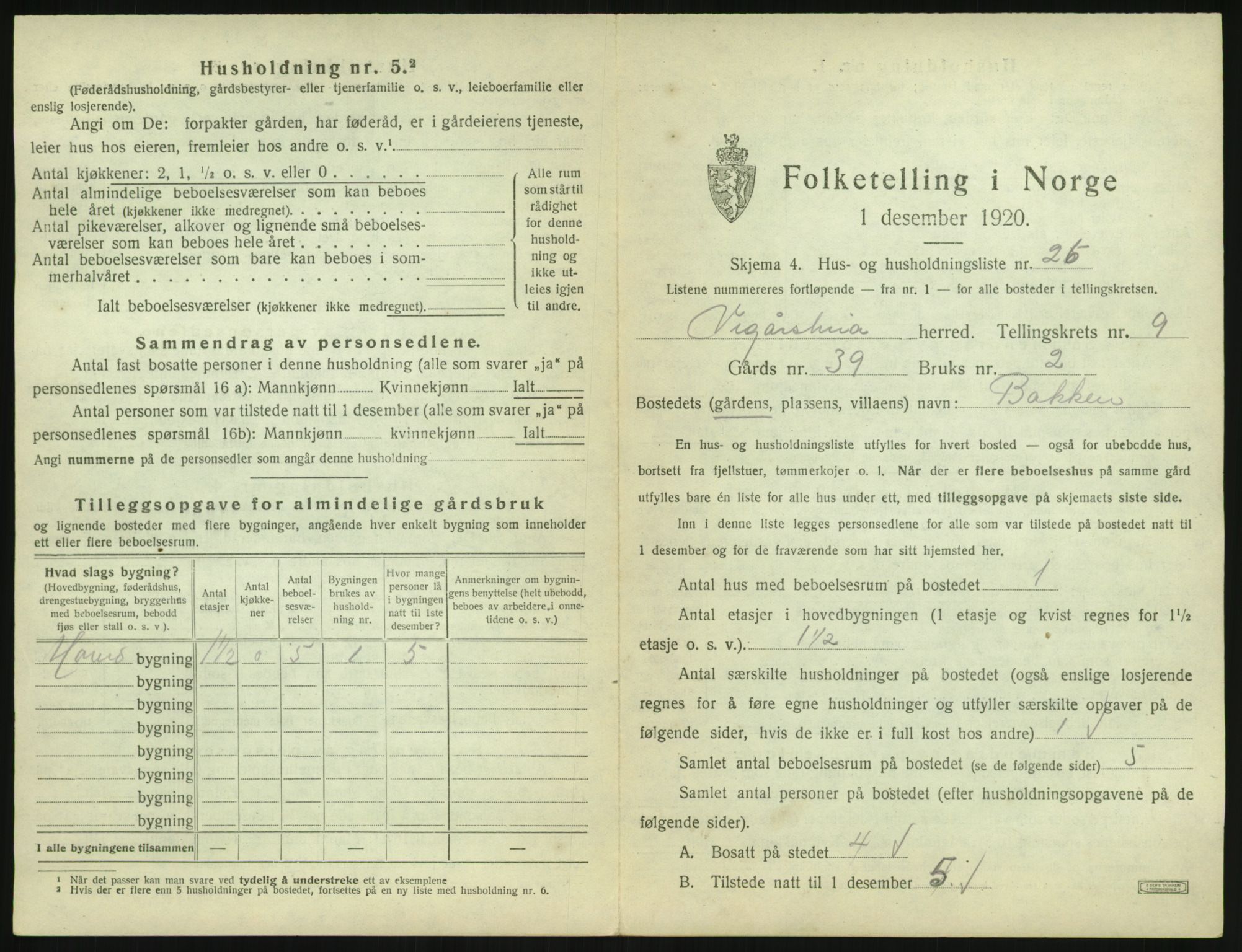 SAK, 1920 census for Vegårshei, 1920, p. 500