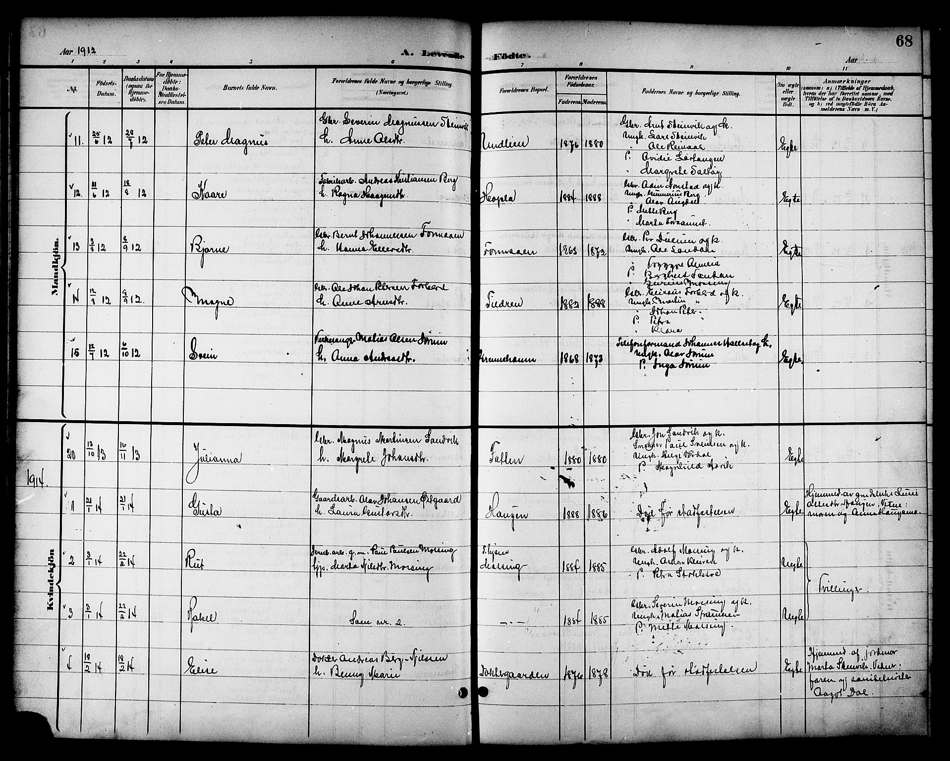 Ministerialprotokoller, klokkerbøker og fødselsregistre - Nord-Trøndelag, SAT/A-1458/714/L0135: Parish register (copy) no. 714C04, 1899-1918, p. 68