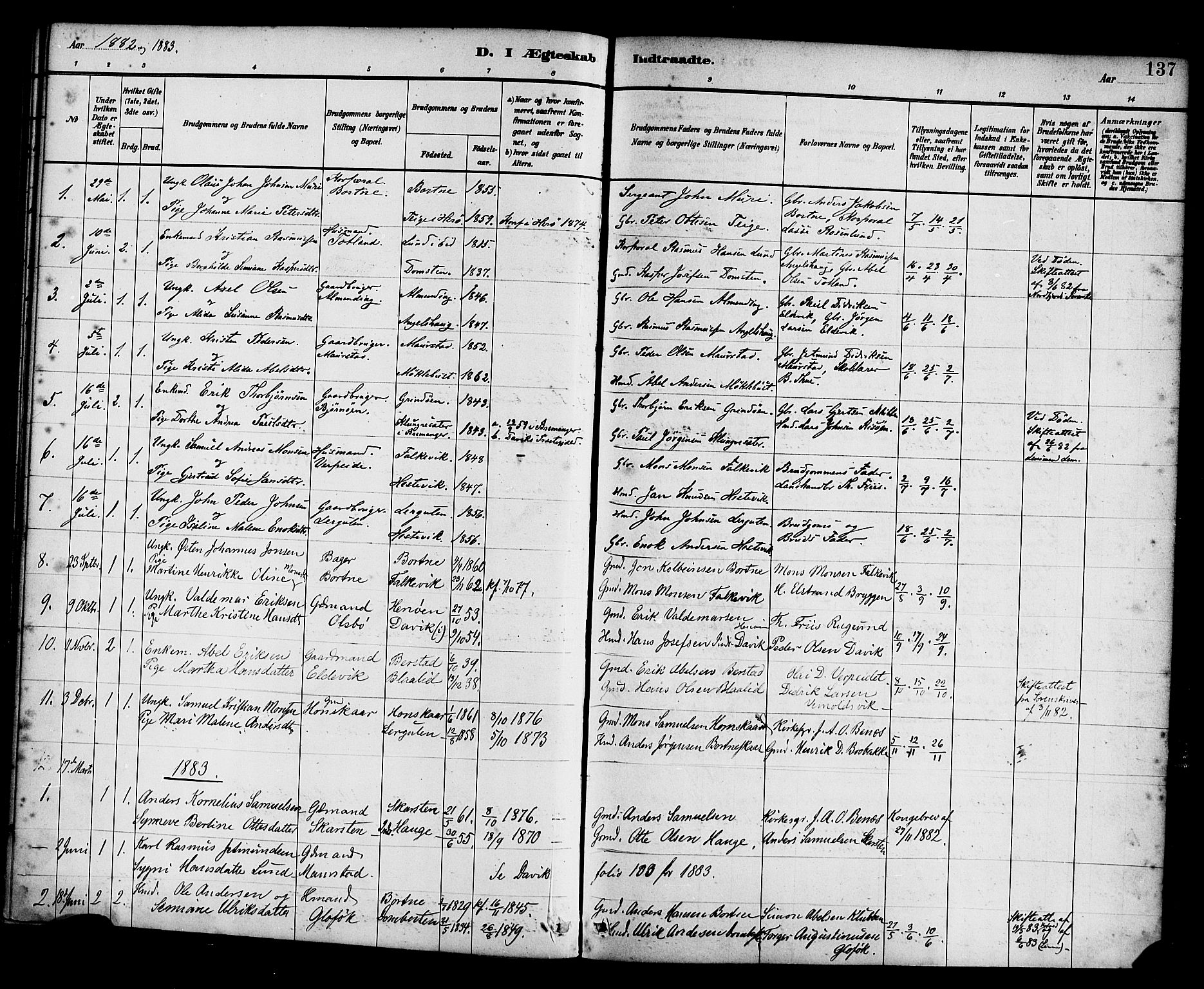 Davik sokneprestembete, SAB/A-79701/H/Haa/Haad/L0001: Parish register (official) no. D 1, 1882-1900, p. 137
