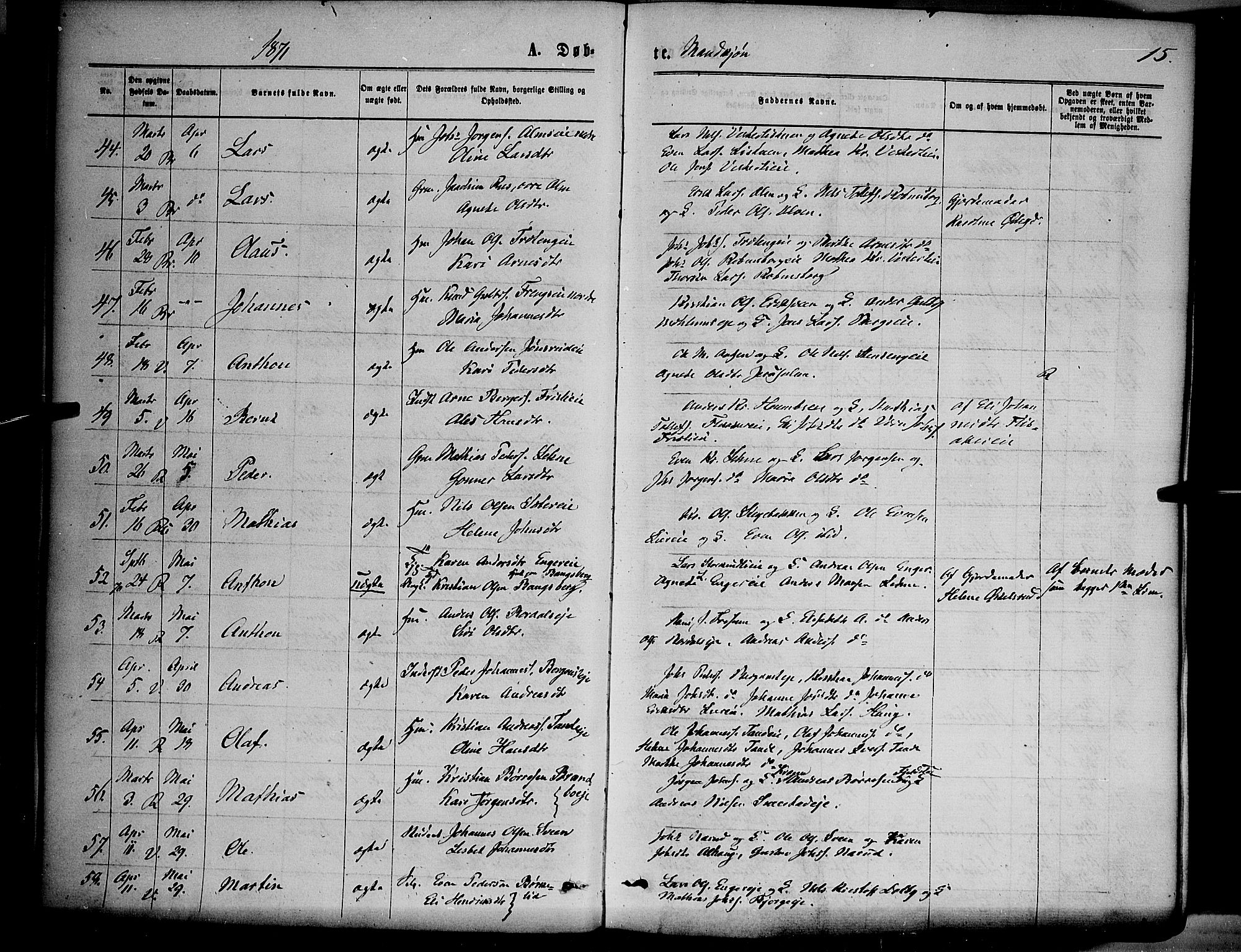 Ringsaker prestekontor, AV/SAH-PREST-014/K/Ka/L0011: Parish register (official) no. 11, 1870-1878, p. 15