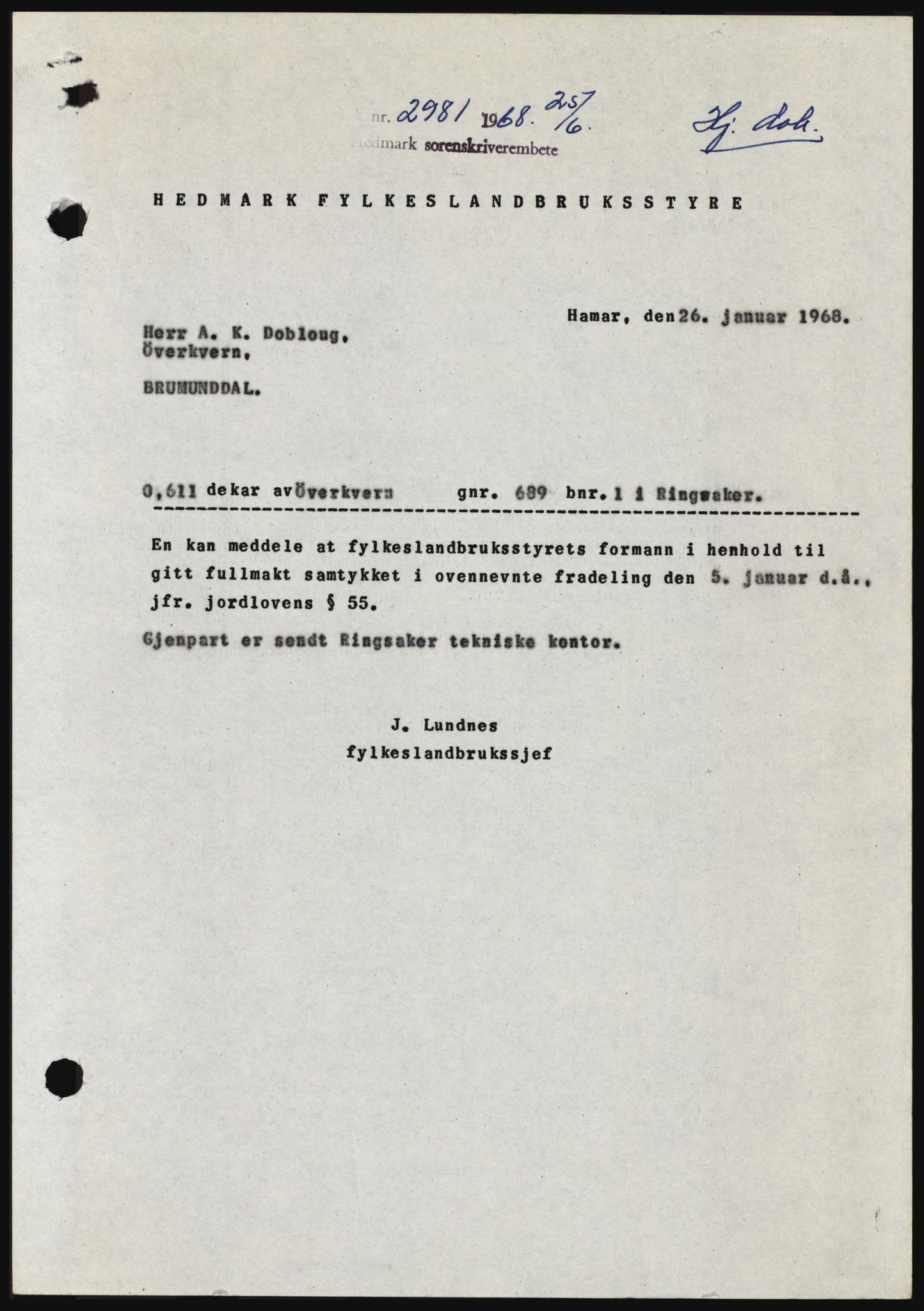 Nord-Hedmark sorenskriveri, SAH/TING-012/H/Hc/L0028: Mortgage book no. 28, 1968-1968, Diary no: : 2981/1968