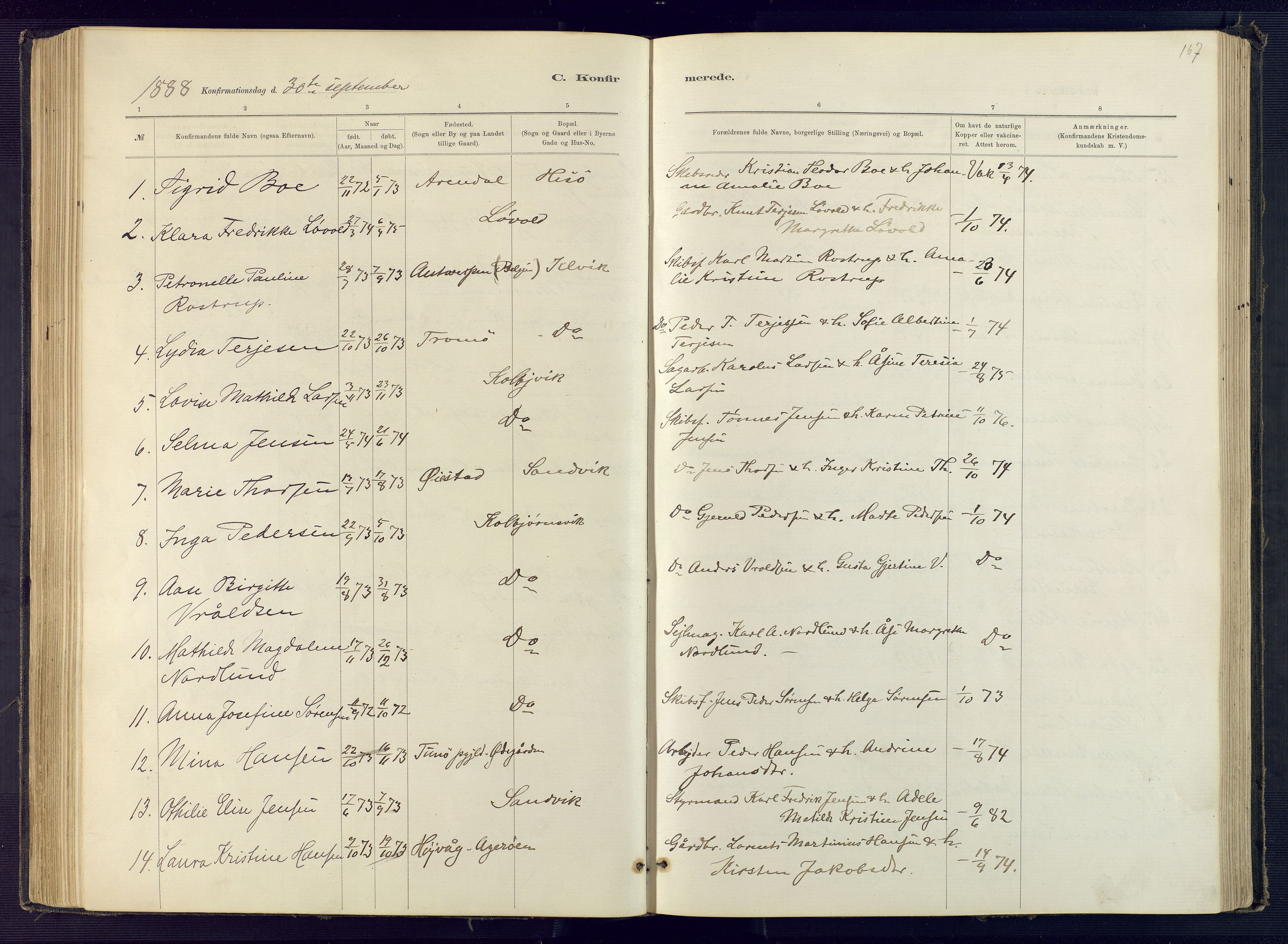 Hisøy sokneprestkontor, SAK/1111-0020/F/Fb/L0003: Parish register (copy) no. B 3, 1885-1905, p. 167