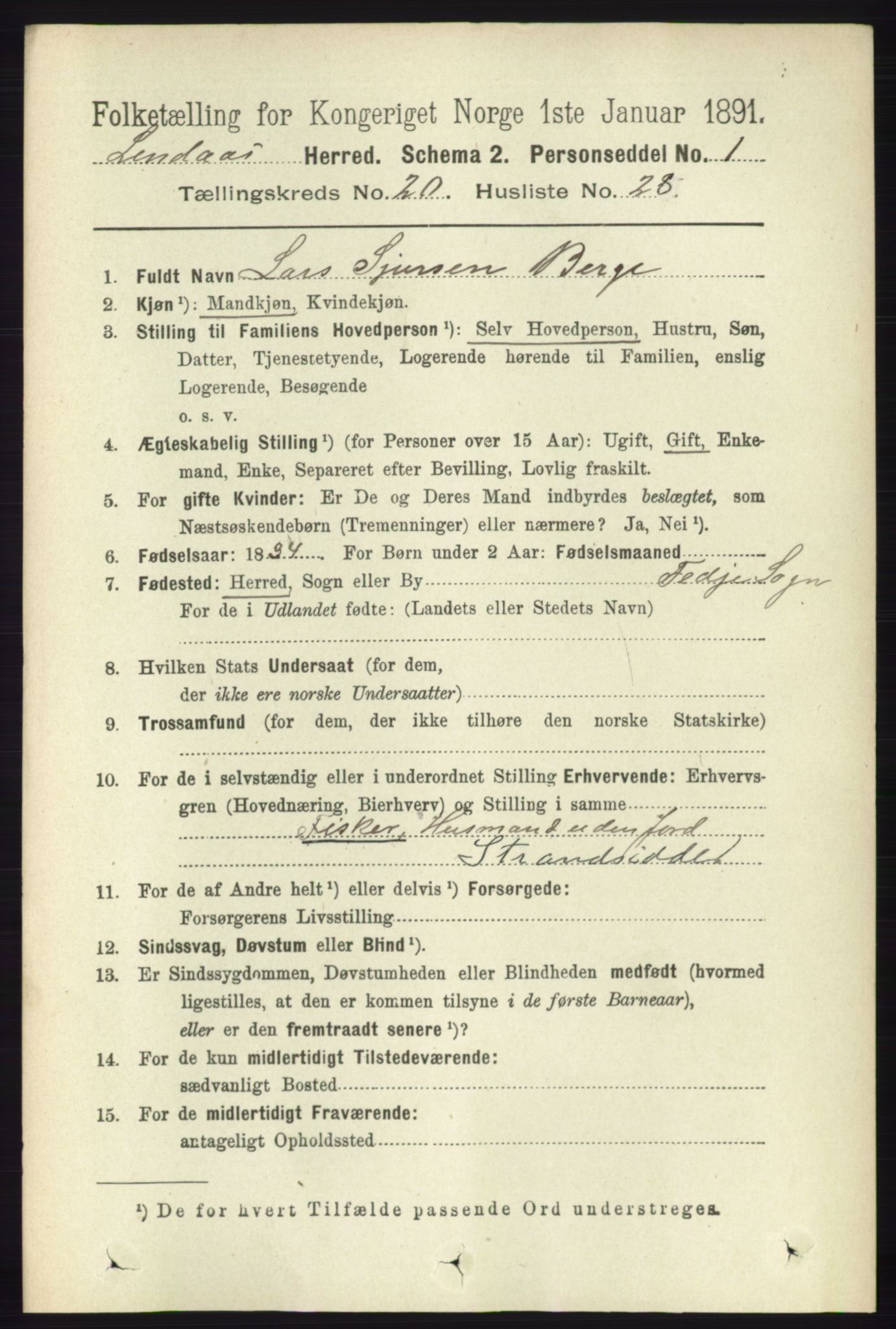RA, 1891 census for 1263 Lindås, 1891, p. 7524