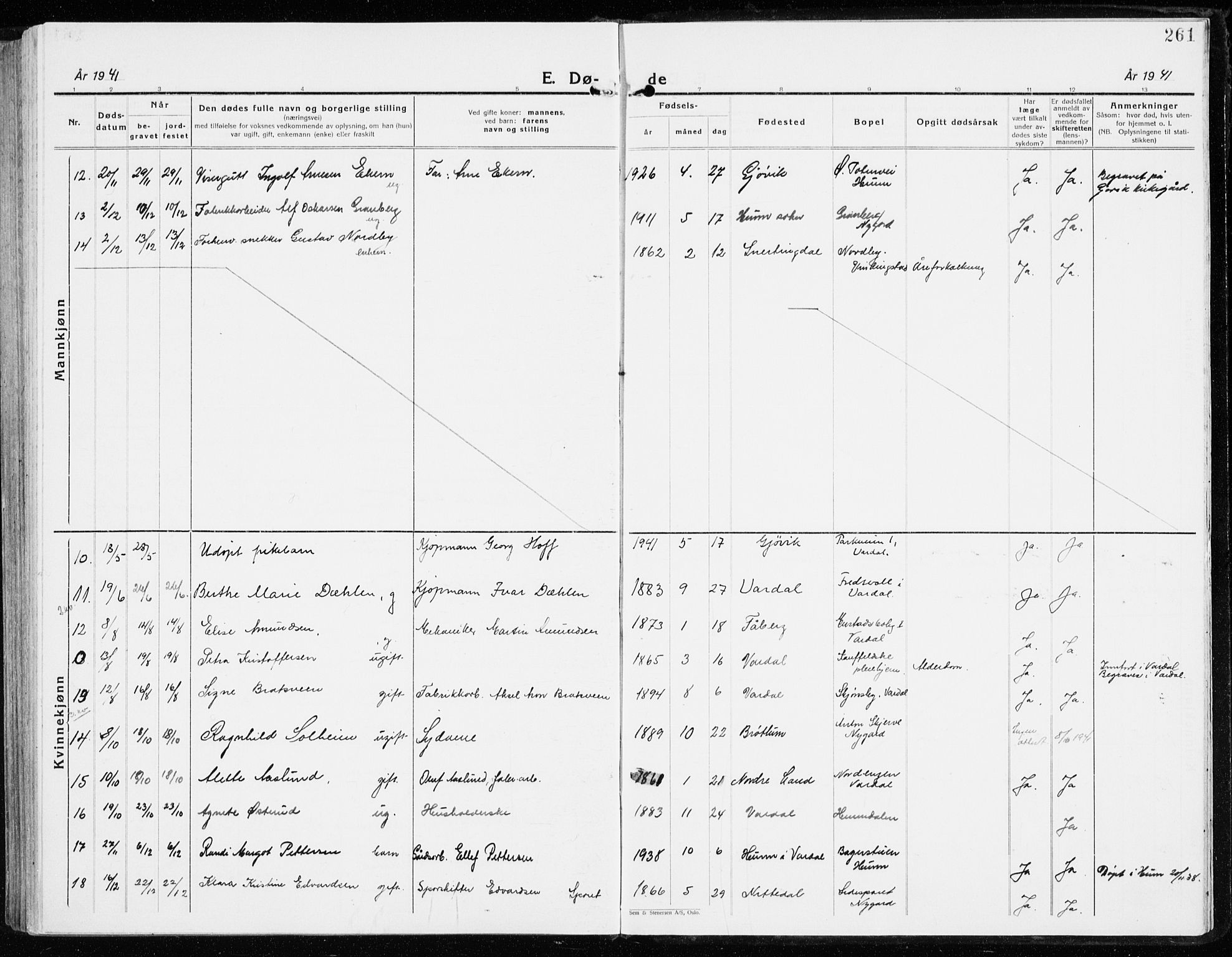 Vardal prestekontor, AV/SAH-PREST-100/H/Ha/Haa/L0018: Parish register (official) no. 18, 1930-1945, p. 261