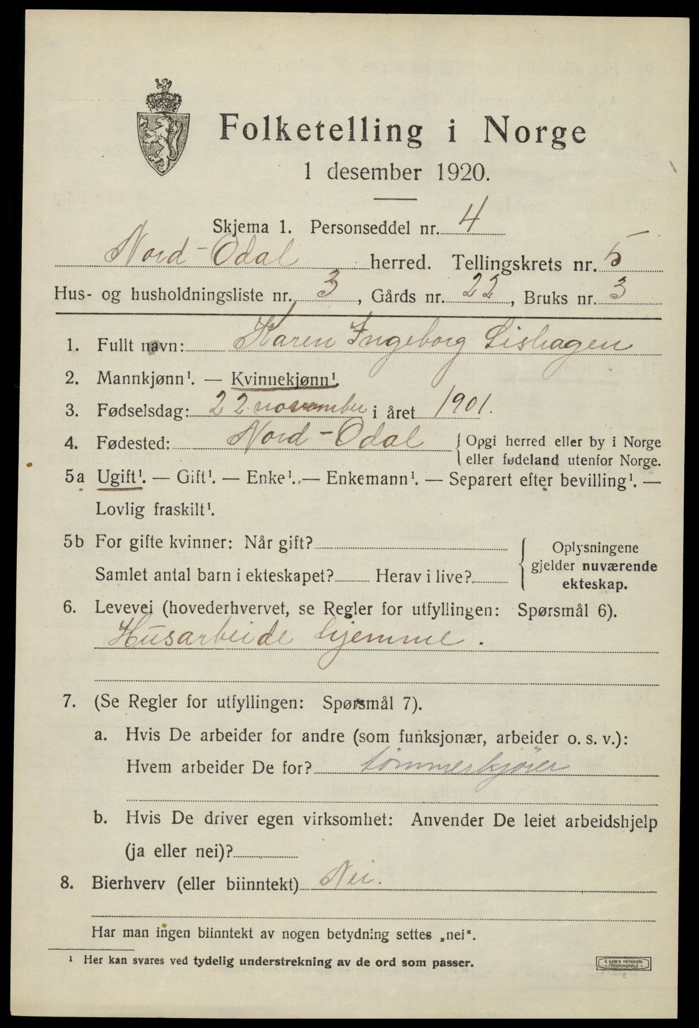 SAH, 1920 census for Nord-Odal, 1920, p. 5061