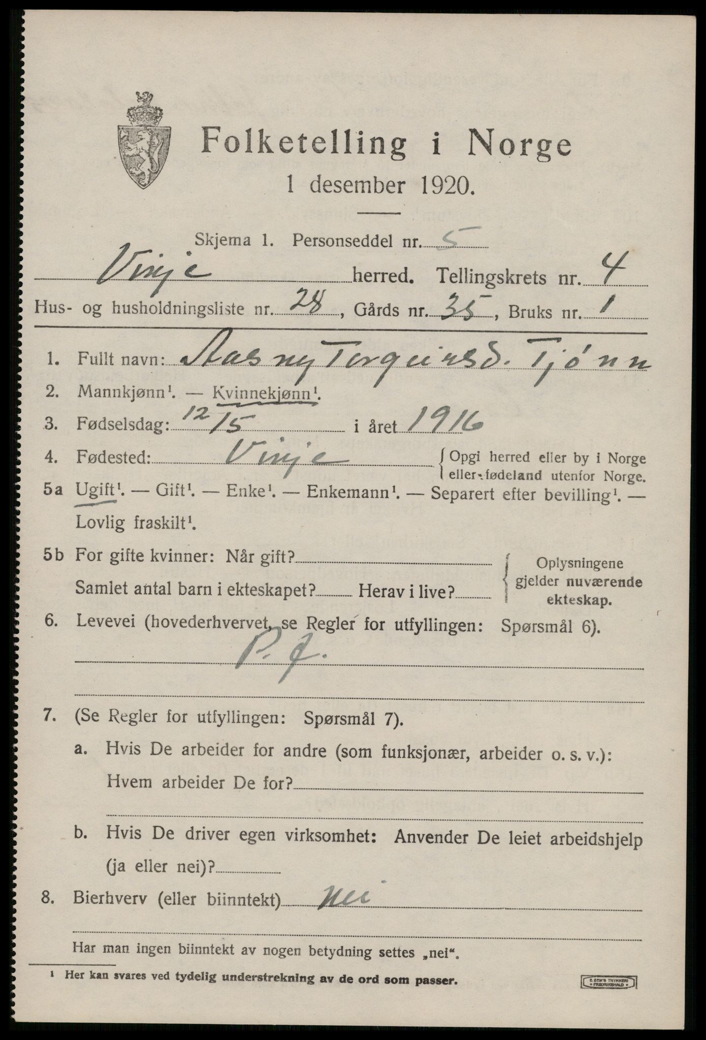 SAKO, 1920 census for Vinje, 1920, p. 1603