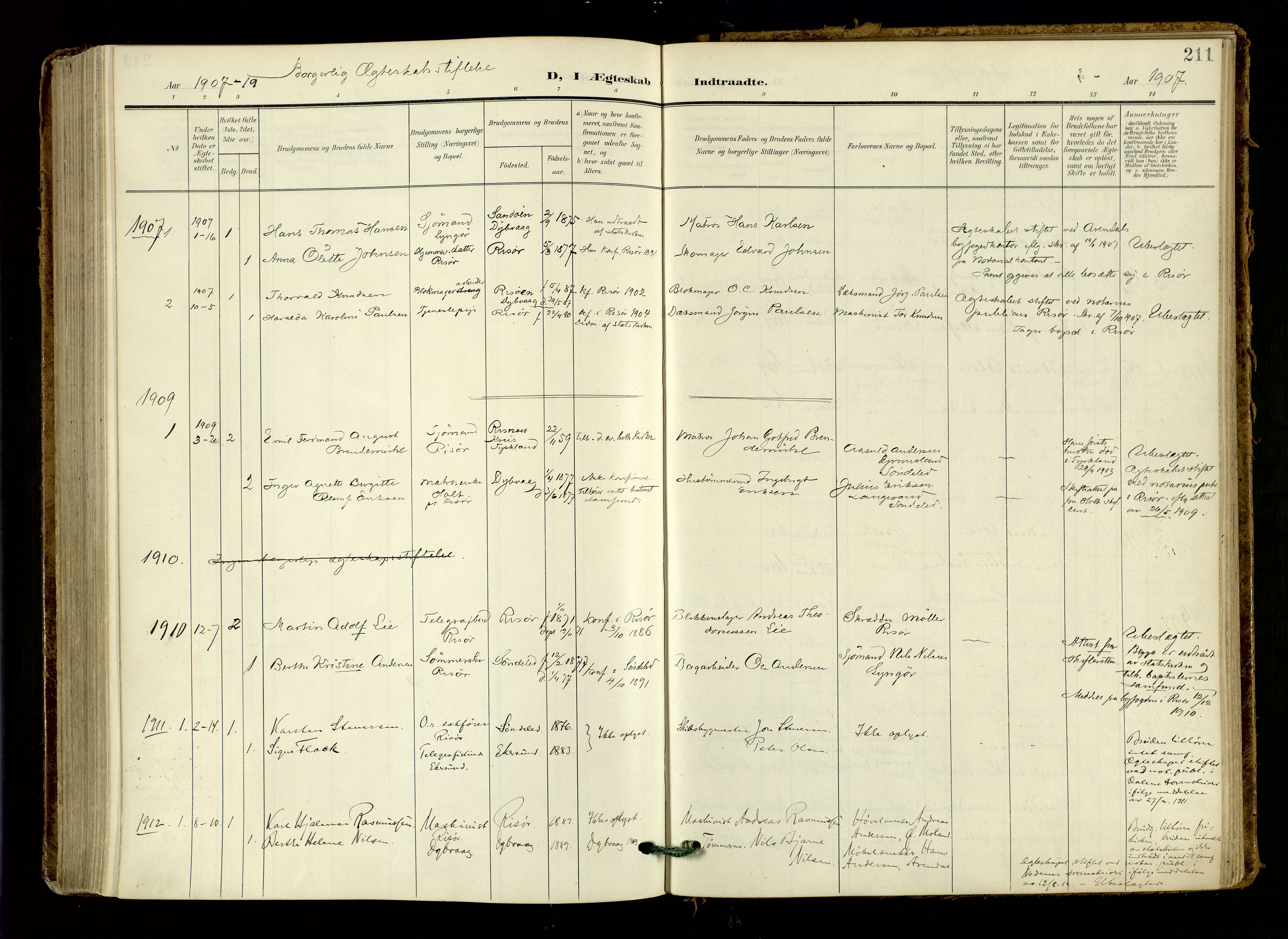 Risør sokneprestkontor, SAK/1111-0035/F/Fa/L0011: Parish register (official) no. A 11, 1907-1920, p. 211
