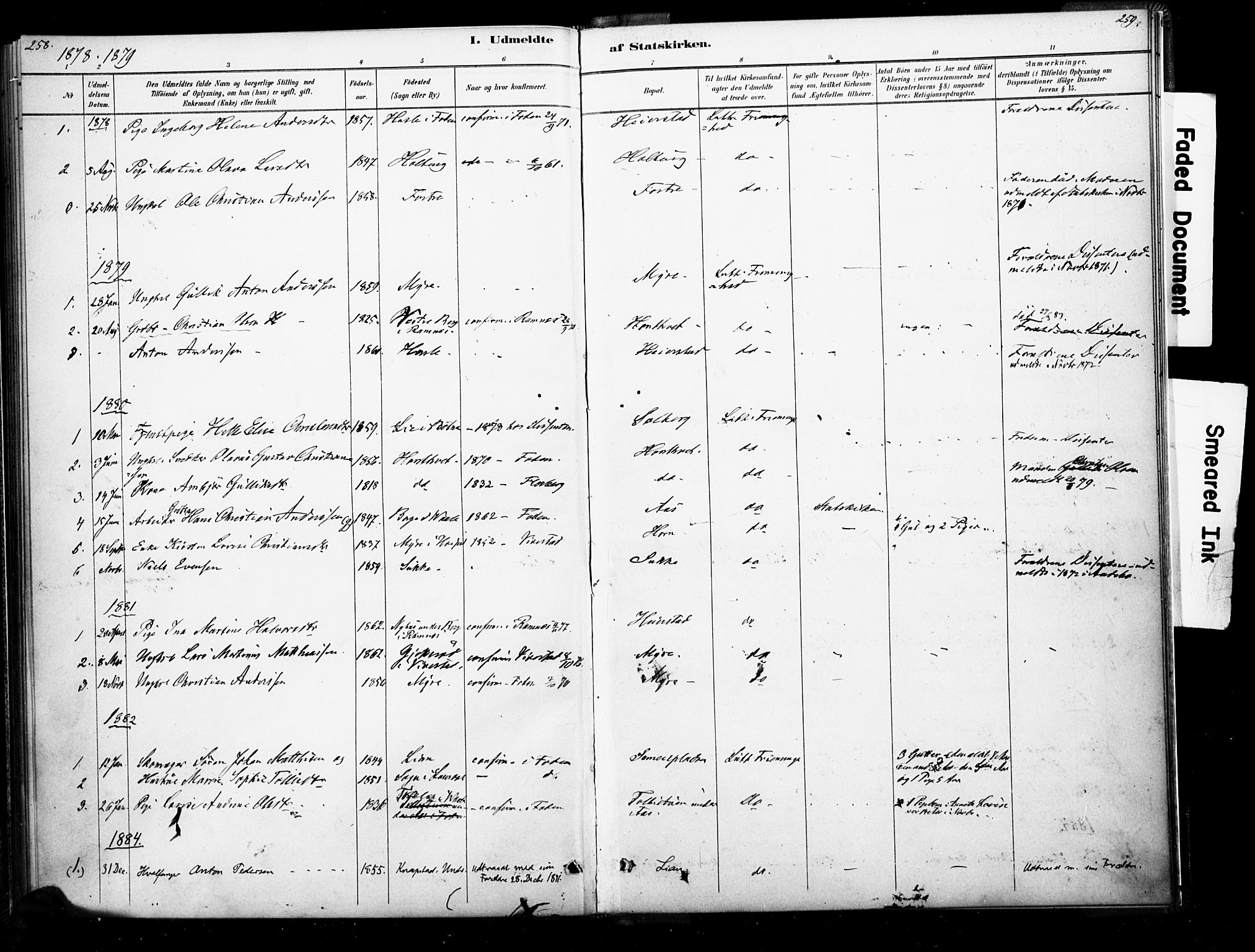 Ramnes kirkebøker, SAKO/A-314/F/Fb/L0001: Parish register (official) no. II 1, 1878-1894, p. 258-259