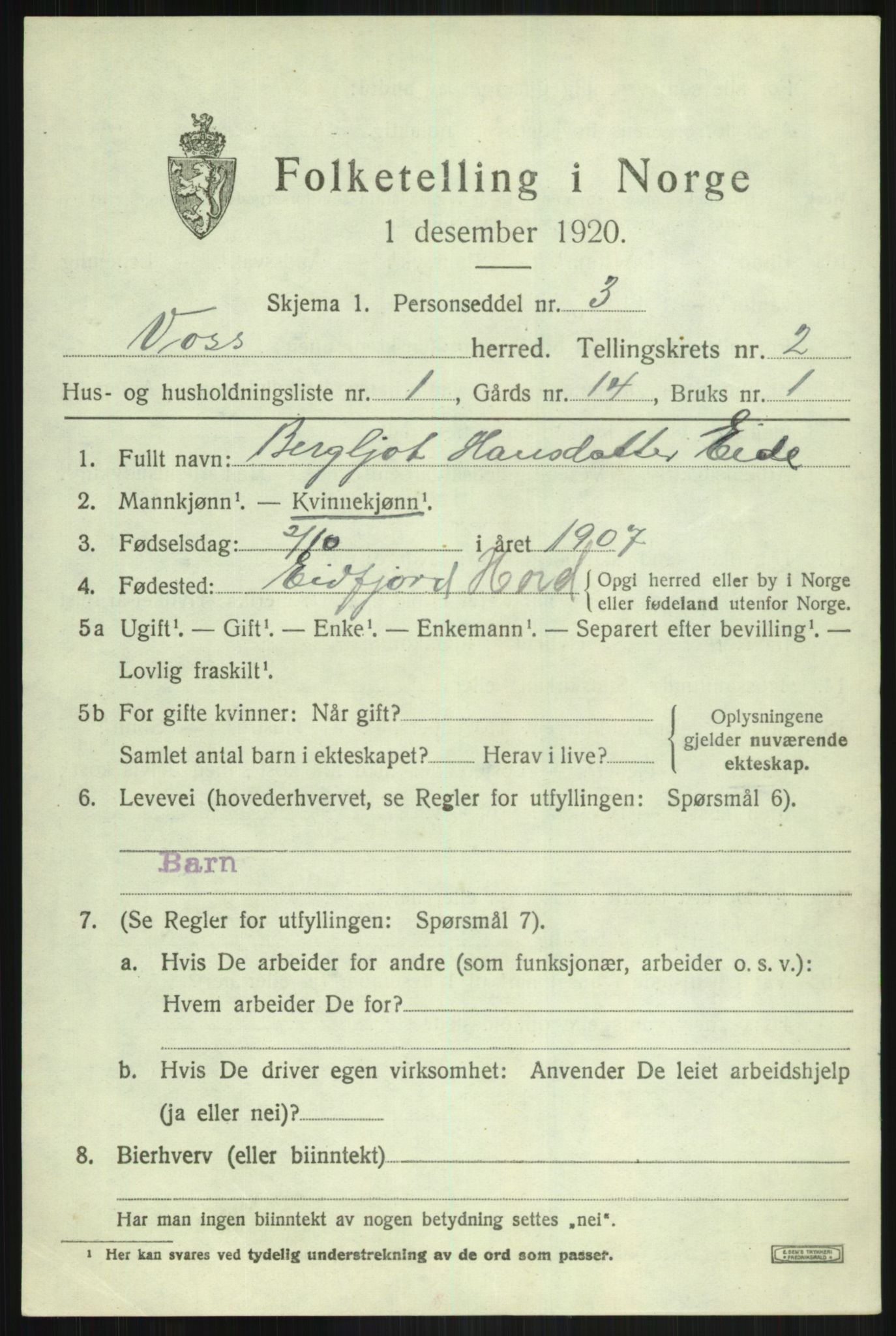 SAB, 1920 census for Voss, 1920, p. 3433