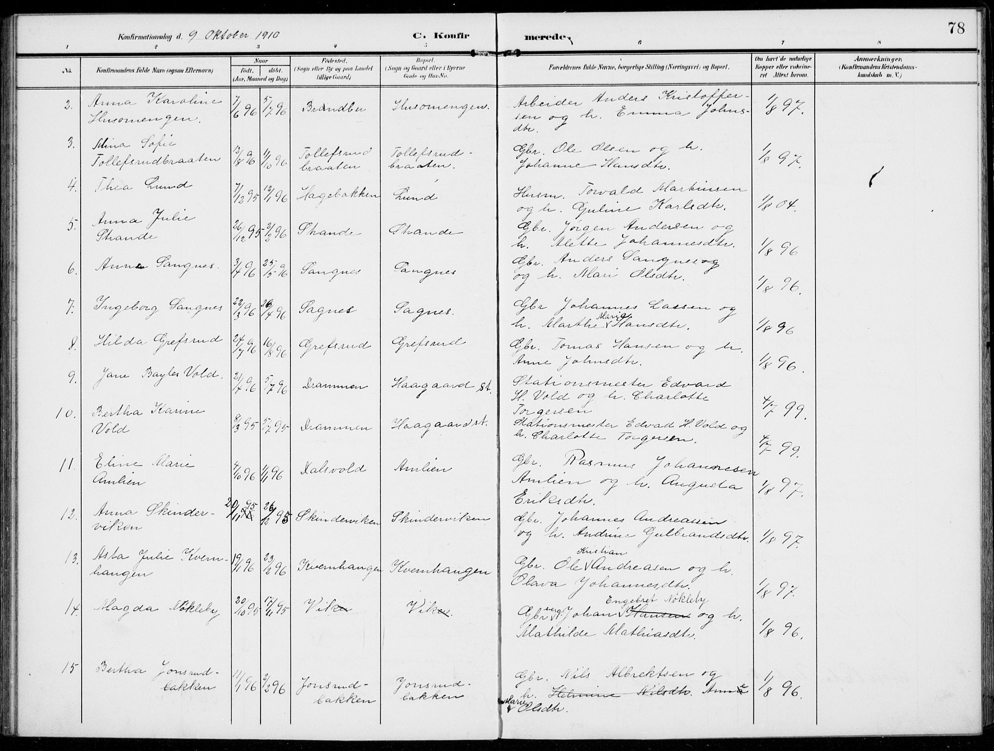 Kolbu prestekontor, SAH/PREST-110/H/Ha/Haa/L0001: Parish register (official) no. 1, 1907-1923, p. 78