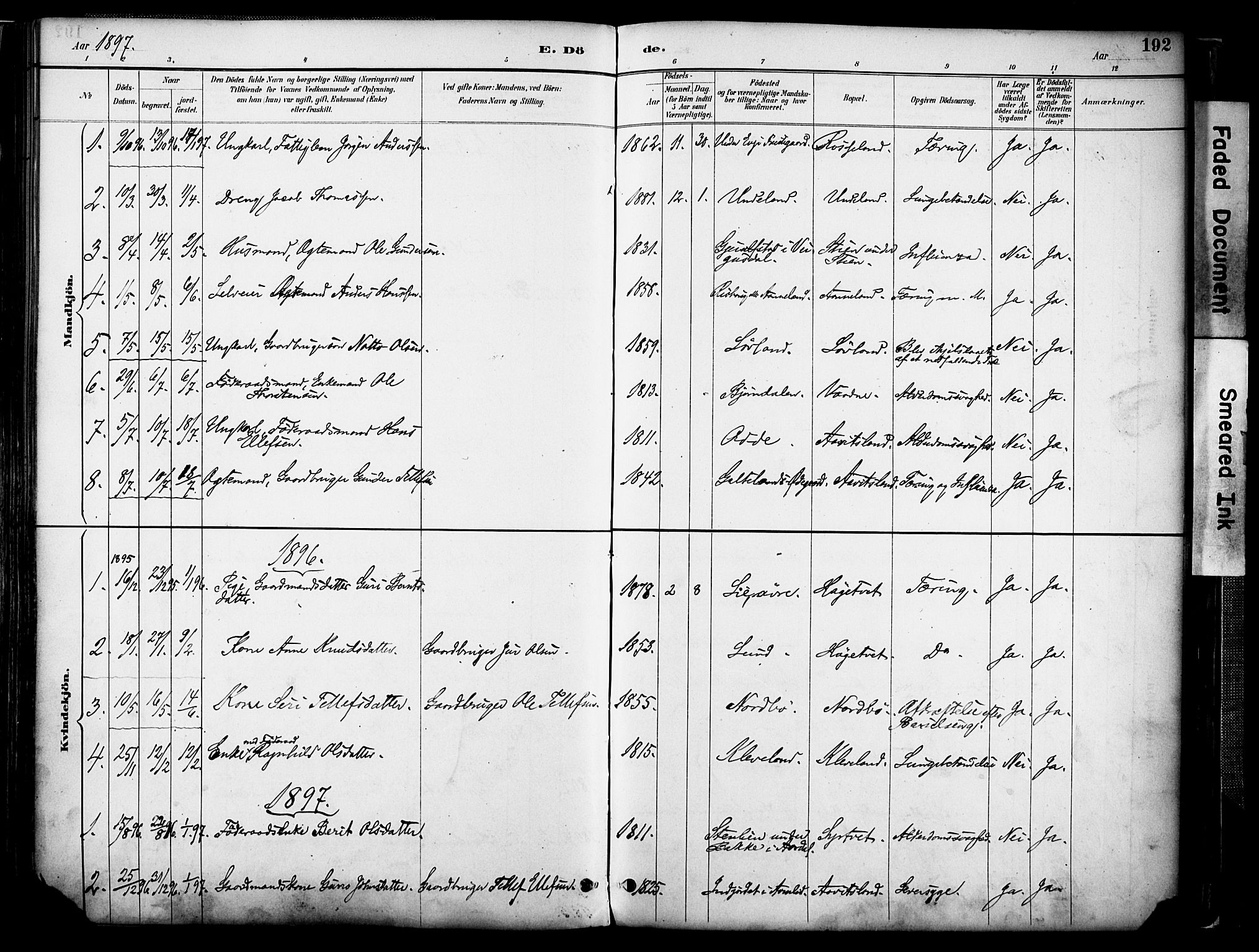 Evje sokneprestkontor, AV/SAK-1111-0008/F/Fa/Faa/L0007: Parish register (official) no. A 7, 1884-1909, p. 192