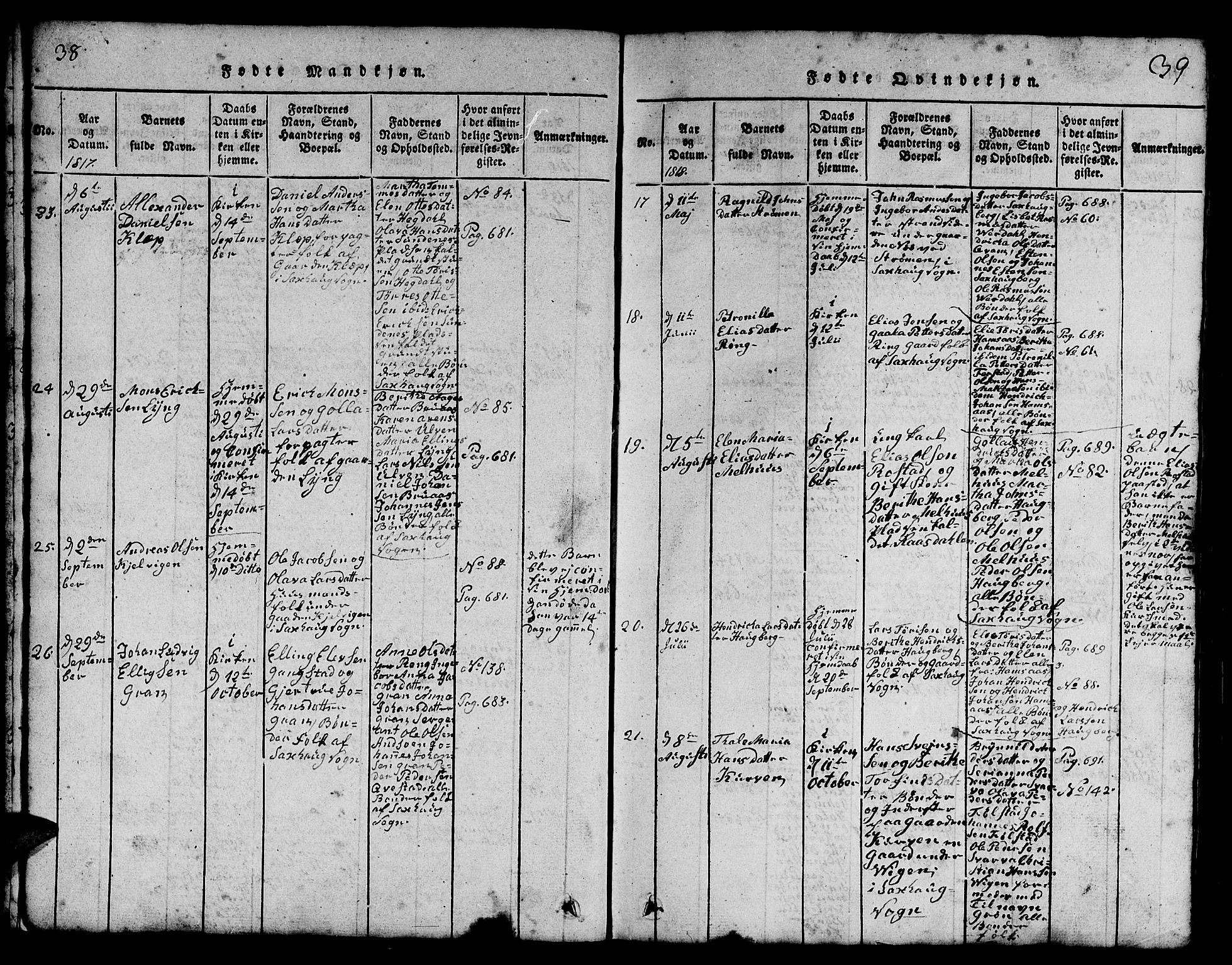 Ministerialprotokoller, klokkerbøker og fødselsregistre - Nord-Trøndelag, AV/SAT-A-1458/730/L0298: Parish register (copy) no. 730C01, 1816-1849, p. 38-39