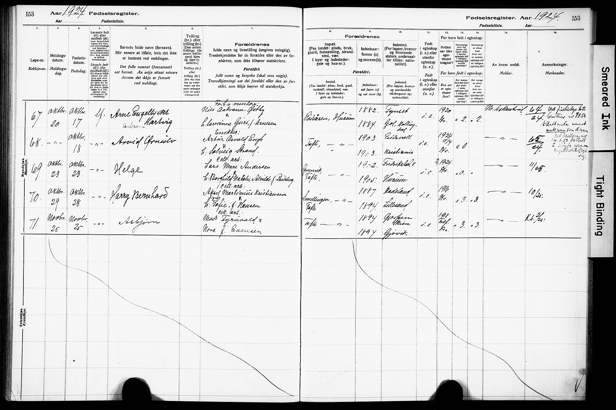 Hurum kirkebøker, AV/SAKO-A-229/J/Ja/L0001: Birth register no. 1, 1916-1928, p. 153