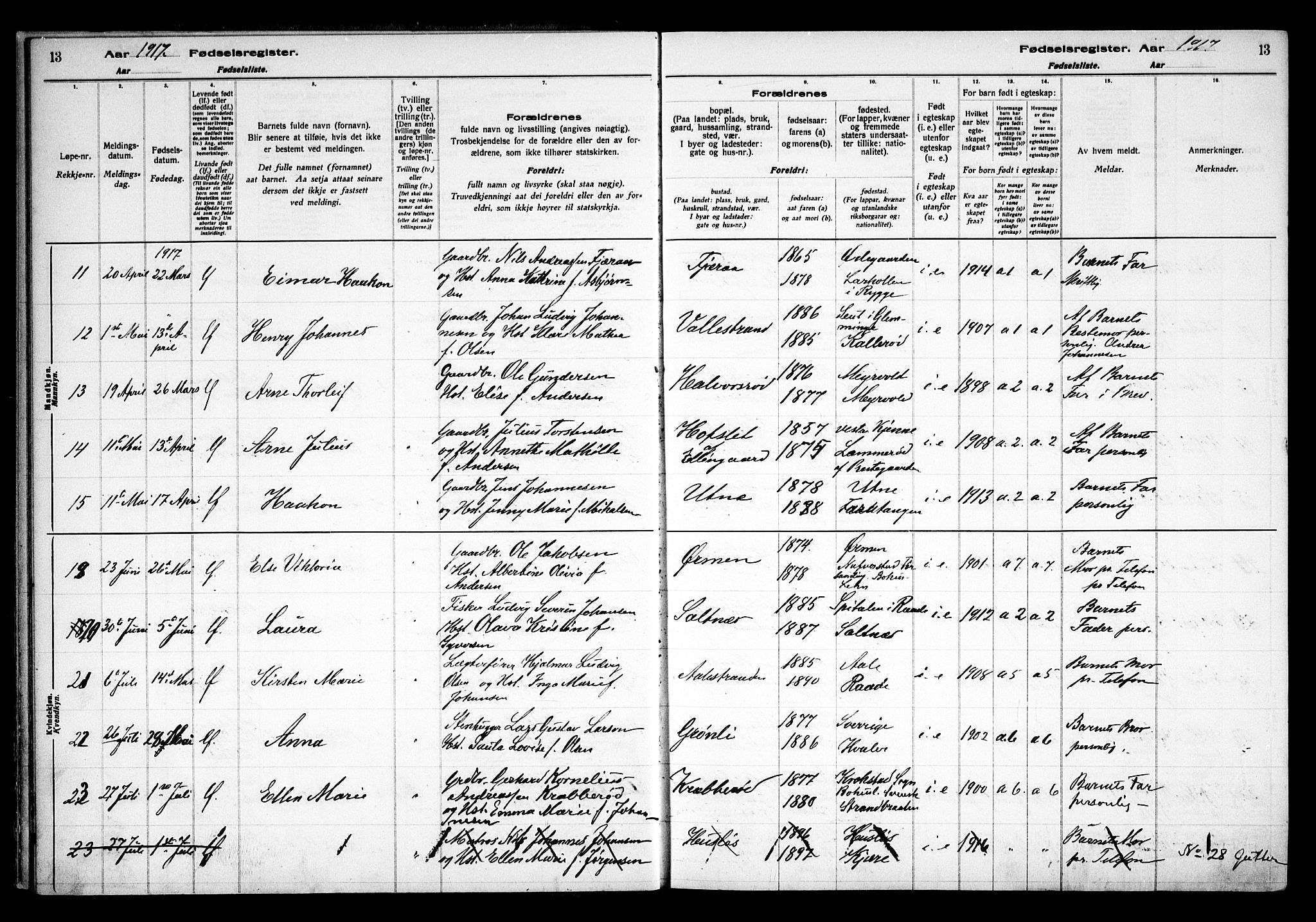 Onsøy prestekontor Kirkebøker, AV/SAO-A-10914/J/Ja/L0001: Birth register no. I 1, 1916-1937, p. 13