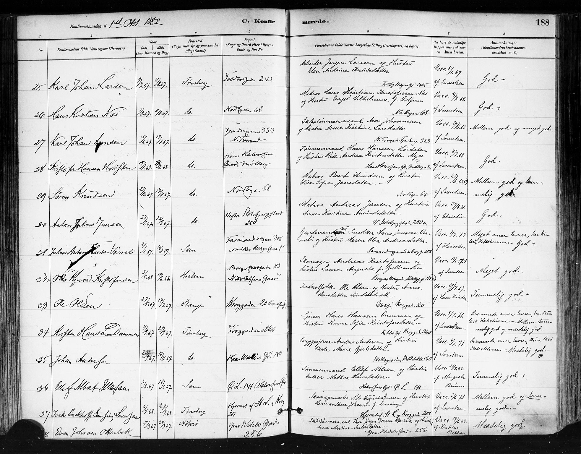 Tønsberg kirkebøker, AV/SAKO-A-330/F/Fa/L0011: Parish register (official) no. I 11, 1881-1890, p. 188