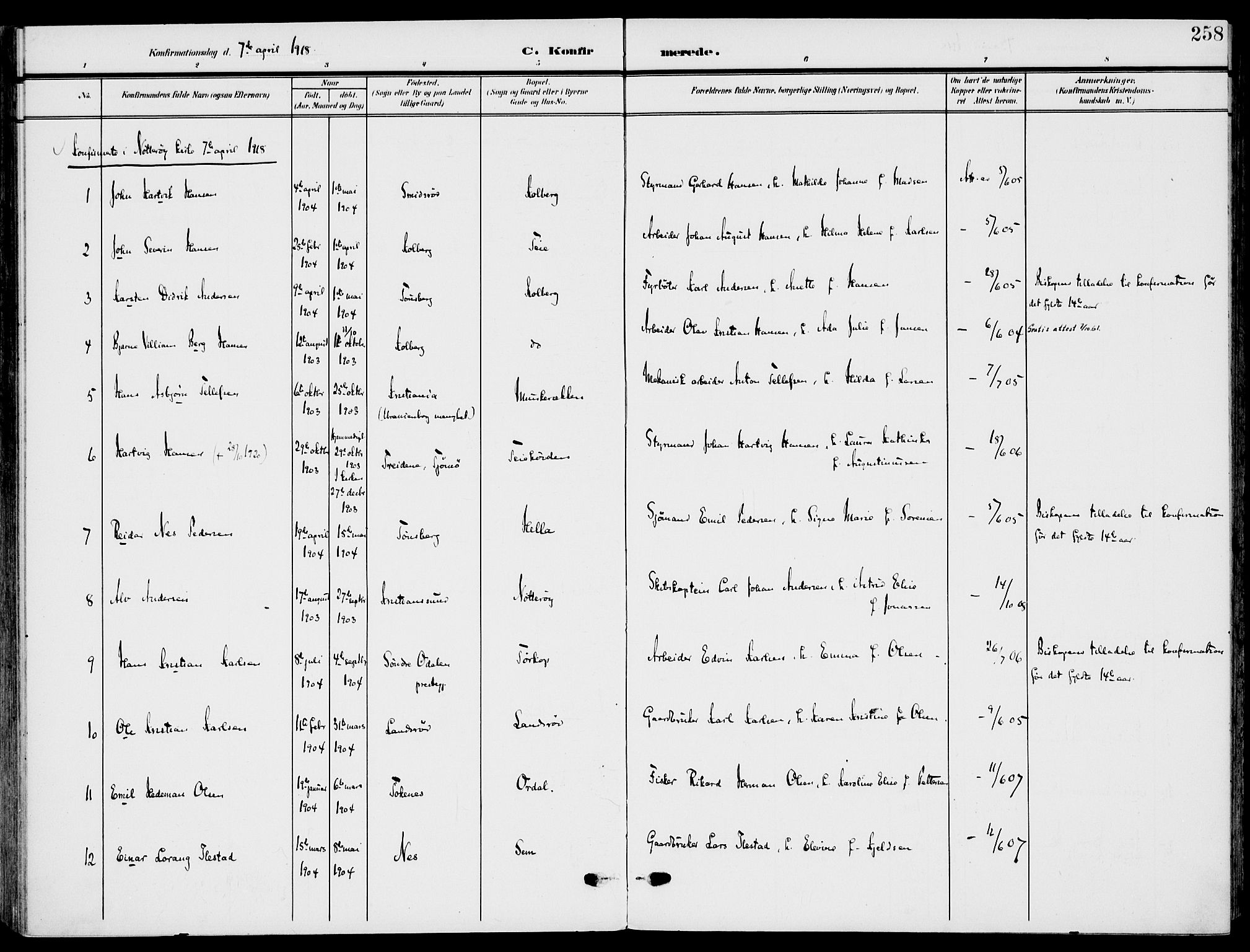 Nøtterøy kirkebøker, SAKO/A-354/F/Fa/L0010: Parish register (official) no. I 10, 1908-1919, p. 258