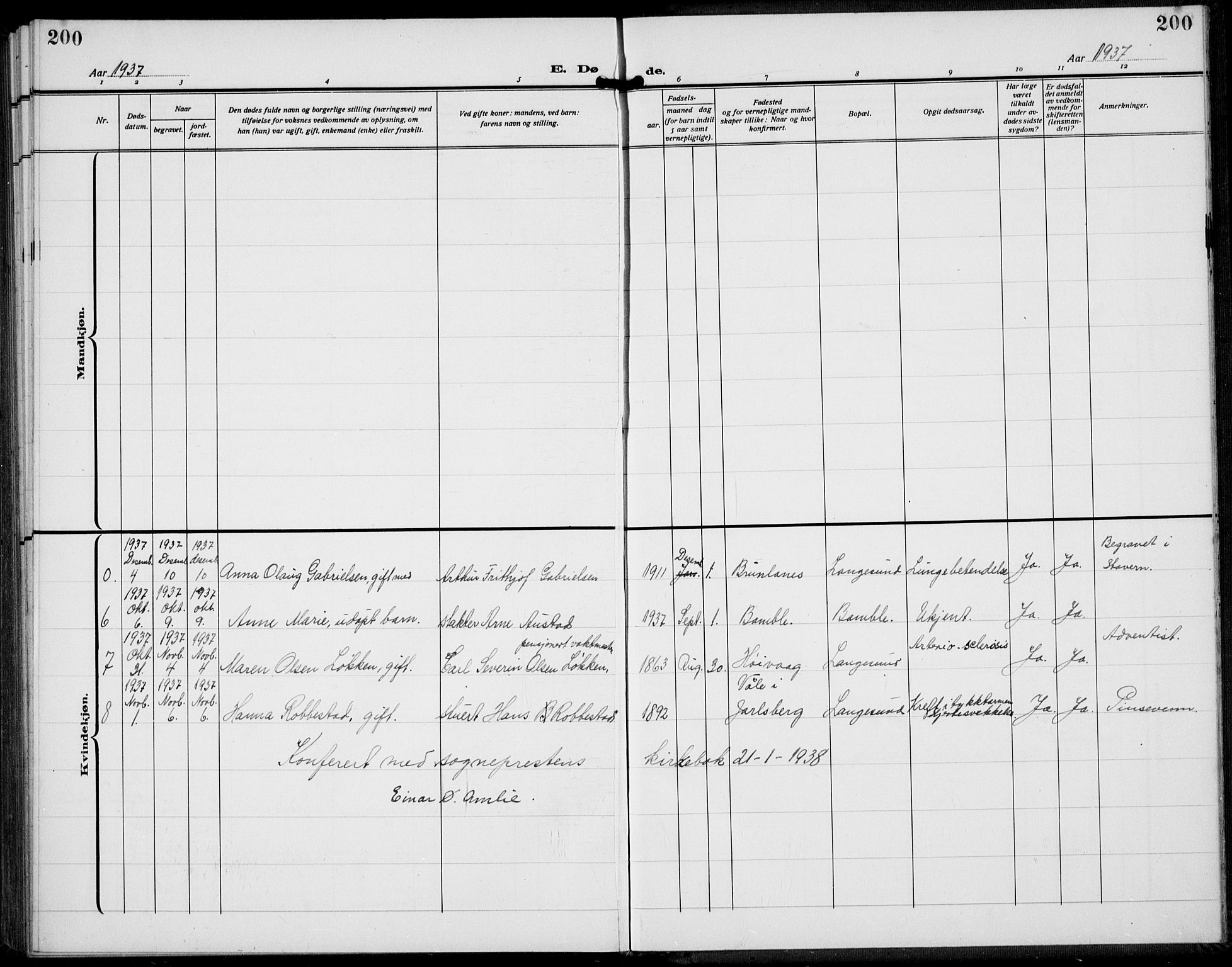 Langesund kirkebøker, AV/SAKO-A-280/G/Ga/L0007: Parish register (copy) no. 7, 1919-1939, p. 200