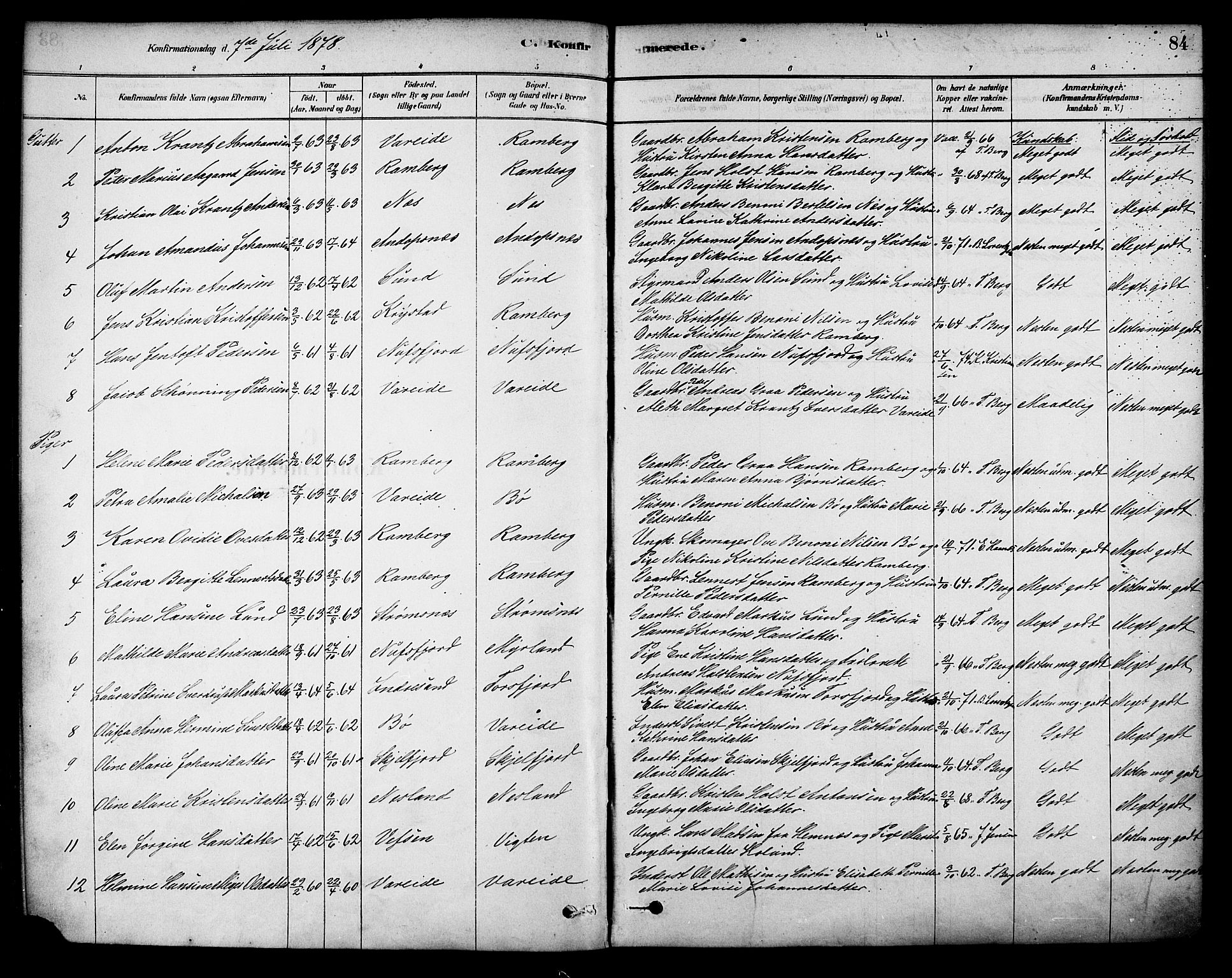 Ministerialprotokoller, klokkerbøker og fødselsregistre - Nordland, AV/SAT-A-1459/885/L1204: Parish register (official) no. 885A05, 1878-1892, p. 84