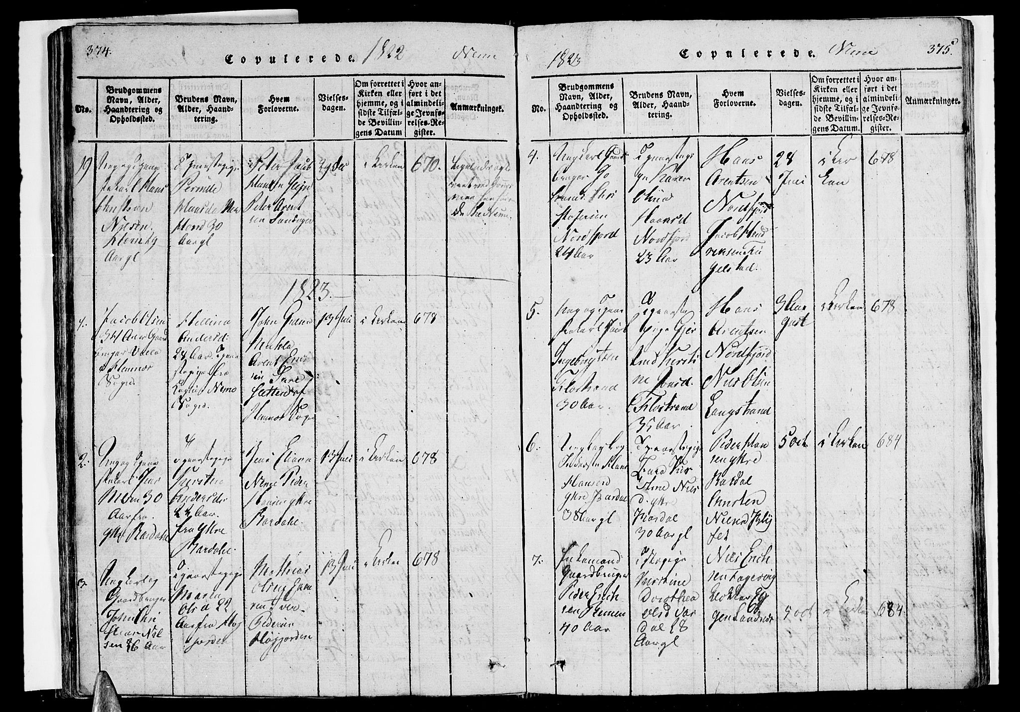 Ministerialprotokoller, klokkerbøker og fødselsregistre - Nordland, AV/SAT-A-1459/838/L0546: Parish register (official) no. 838A05 /1, 1820-1828, p. 374-375