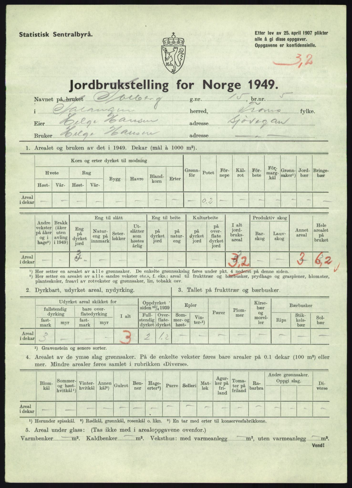 Statistisk sentralbyrå, Næringsøkonomiske emner, Jordbruk, skogbruk, jakt, fiske og fangst, AV/RA-S-2234/G/Gc/L0438: Troms: Salangen og Bardu, 1949, p. 153